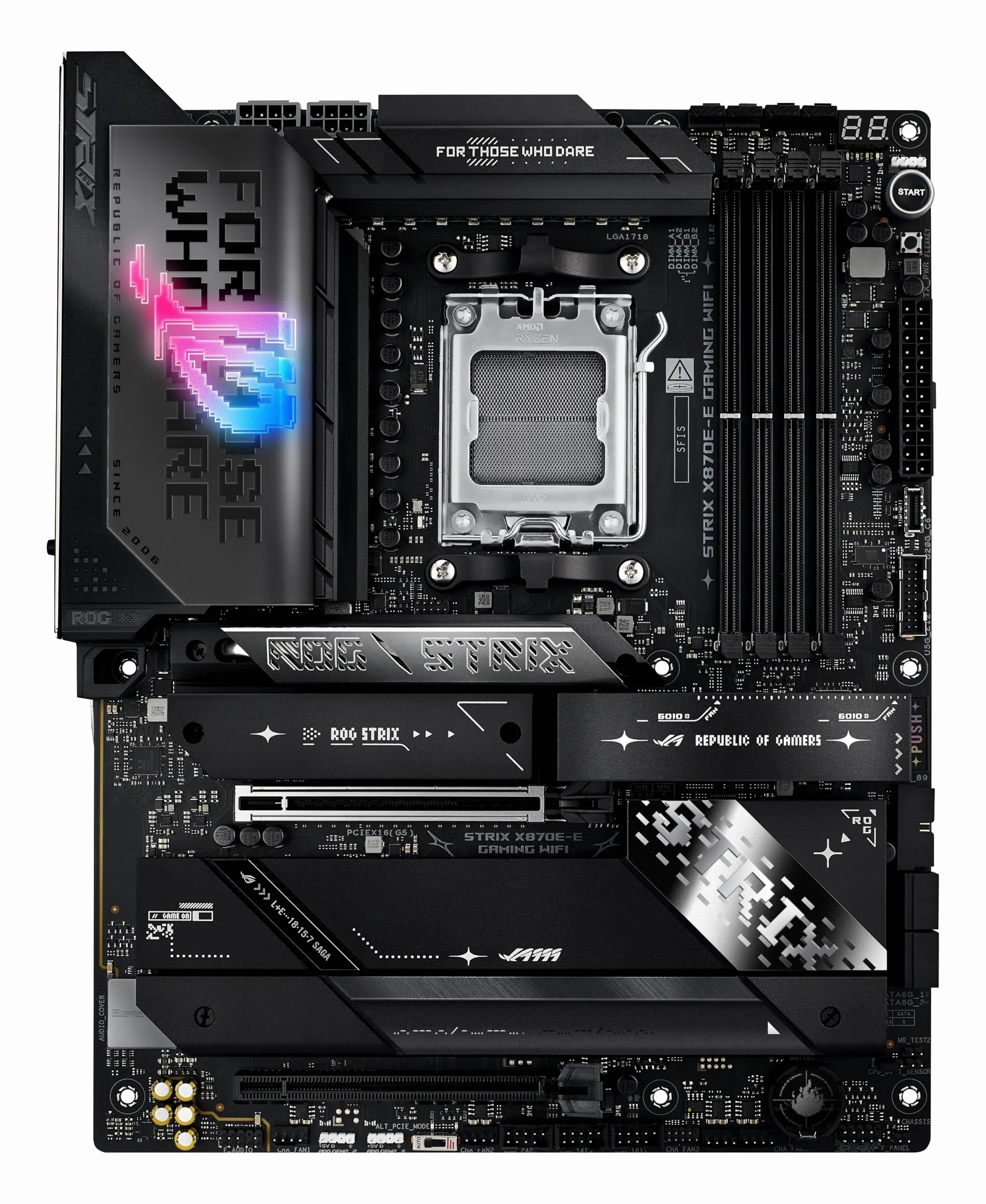 ASUS ROG Strix X870E-E Gaming WiFi Scheda madre AMD, 18+2+2 stadi di alimentazione, slot DDR5, cinque slot M.2, PCIe 5.0, GPU di nuova generazione, WiFi 7, USB 20G con PD 3.0 fino a 30W, Aura Sync