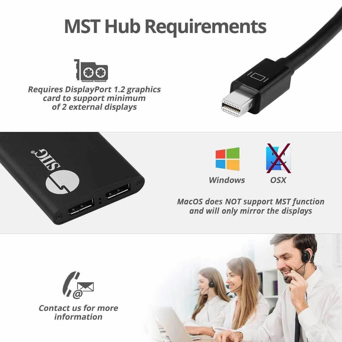 SIIG Mini DisplayPort 1.2 a 2 porte DisplayPort MST Hub Video Splitter, non per HDMI, DisplayPort Daisy Chain Monitor, non per MacOS, conforme TAA (CE-DP0J11-S1)