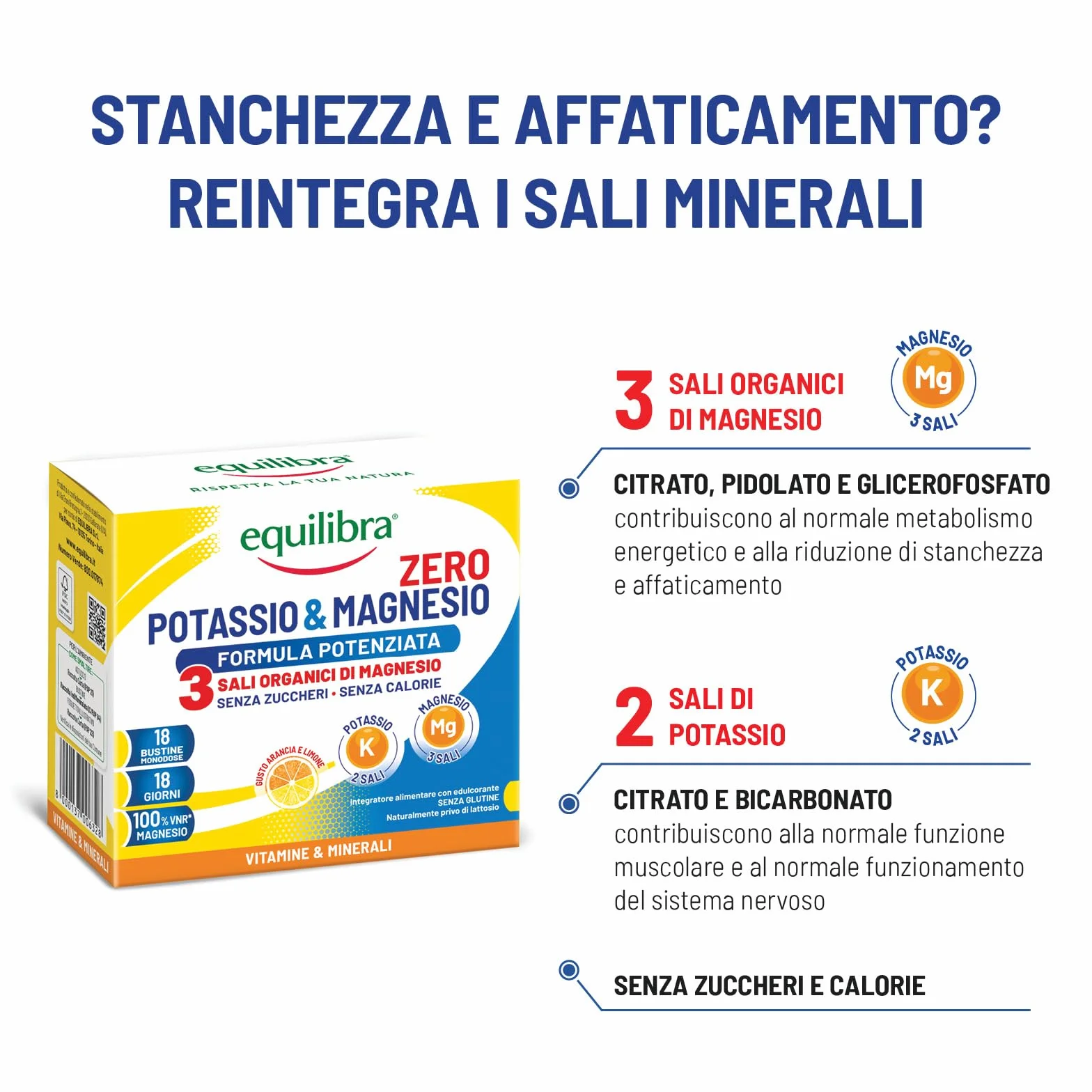 Equilibra Potassio e Magnesio Zero Integratore Alimentare 18 Bustine Gusto Arancia Limone