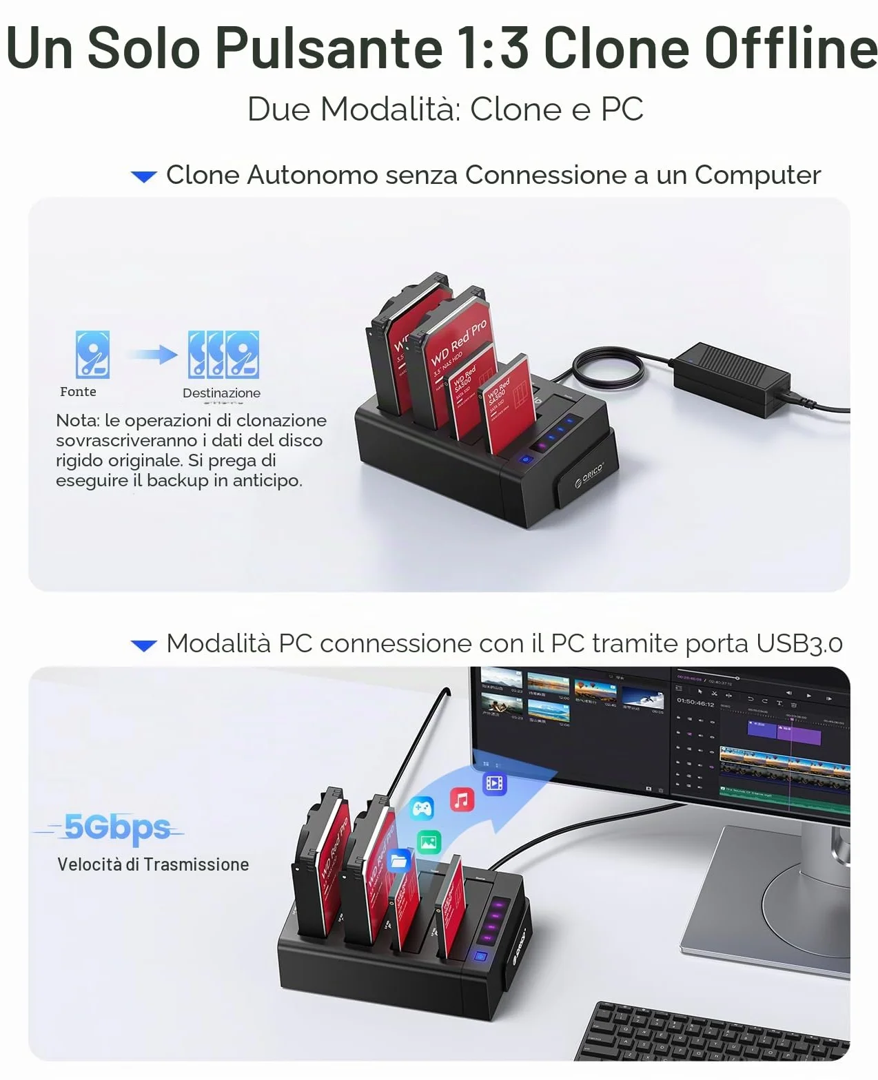 ORICO 4-bay USB 3.0 HDD Docking Station 2.5 3.5 Pollici Clone Funzione 12V6.5A