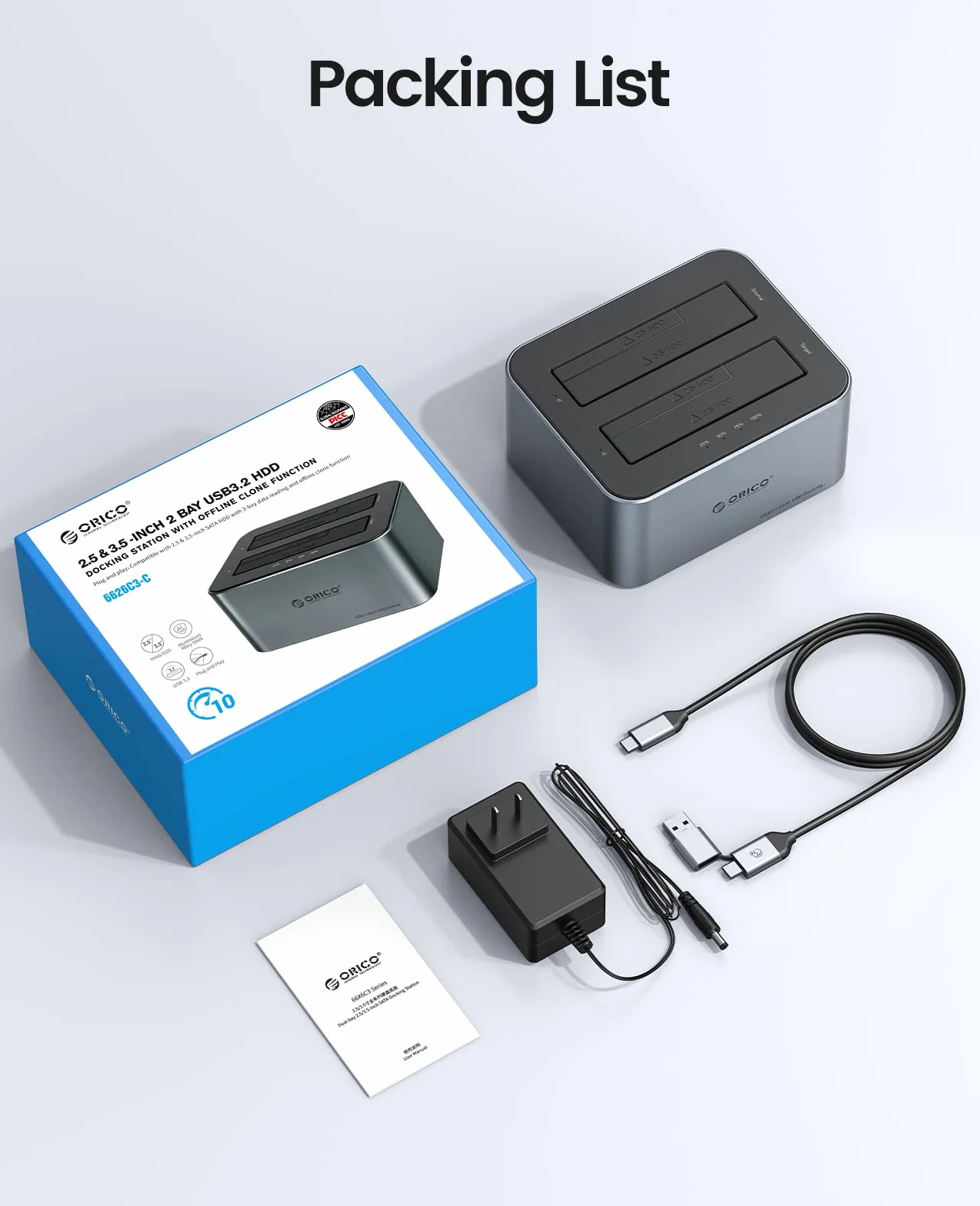 ORICO Docking Station Dual Bay USB 3.2 Gen 2 Clone Offline UASP 2.5/3.5 SSD/HDD Alluminio 18TB
