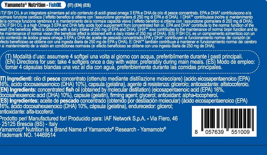 YAMAMOTO NUTRITION Fish Oil Molecular Distillation 200 Softgels Omega 3 EPA DHA Integratore Alimentare