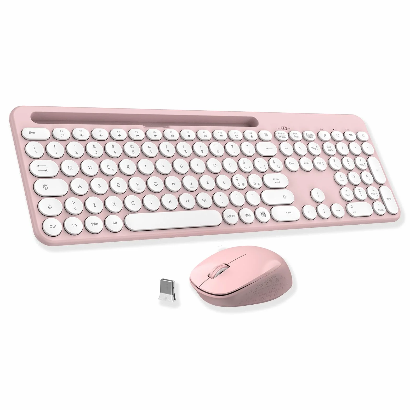 LeadsaiL Set Tastiera e Mouse Wireless, Italiano QWERTY 2.4GHz Full-Size Tastiera e Mouse Senza Fili con Supporto per Telefono e Tablet, Ergonomica, Tastierino Numerico per Computer, PC, Laptop-Rosa