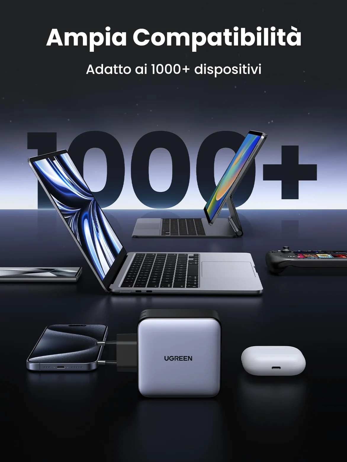 UGREEN Nexode 100W Caricatore USB C 5 Porte + Cavo USB C 100W 1M | PD 3.0 GaNInfinity PPS 45W Compatibile con iPhone 17 Pro Max Air 16 15 14 13 Galaxy S26 25 24 Pixel 10 Pro iPad MacBook M5