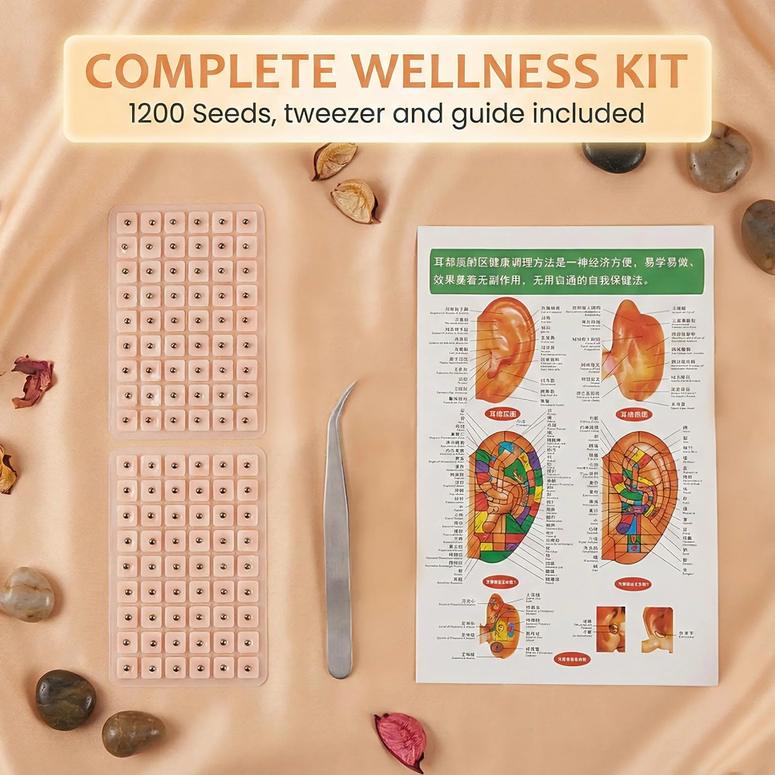 Kit 1200 Cerotti per Orecchie, Ear Seeds per Agopuntura Auricolare con Mappa e Pinzette, 4 Pezzi