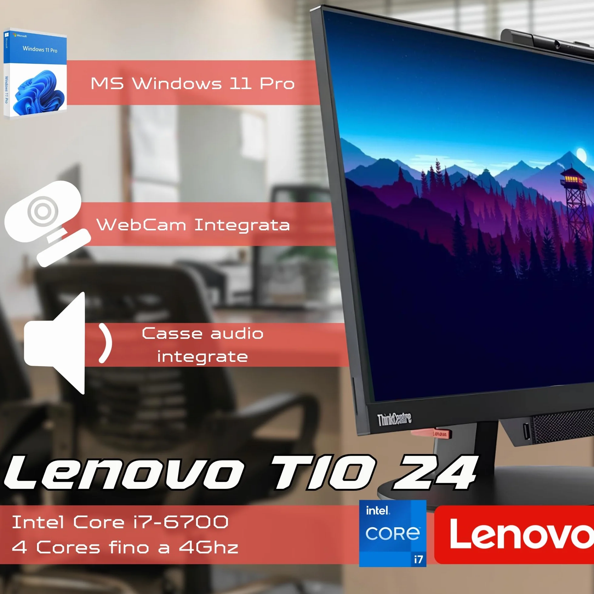 Lenovo ThinkCentre TIO24 24" Full HD Intel Core i7 3.60 GHz 16 GB 512 GB SSD Webcam Win 11 Pro Ricondizionato