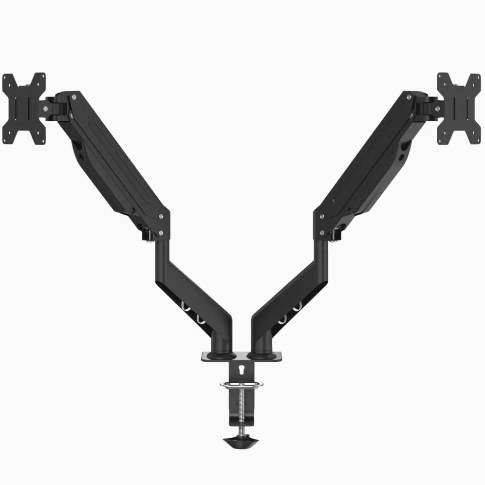 Doppio braccio monitor per max 27 pollici molla a gas 20 kg | VESA 75 x 75, 100 x 100, acciaio, morsetto a C, passacavi, rotazione a 360 gradi