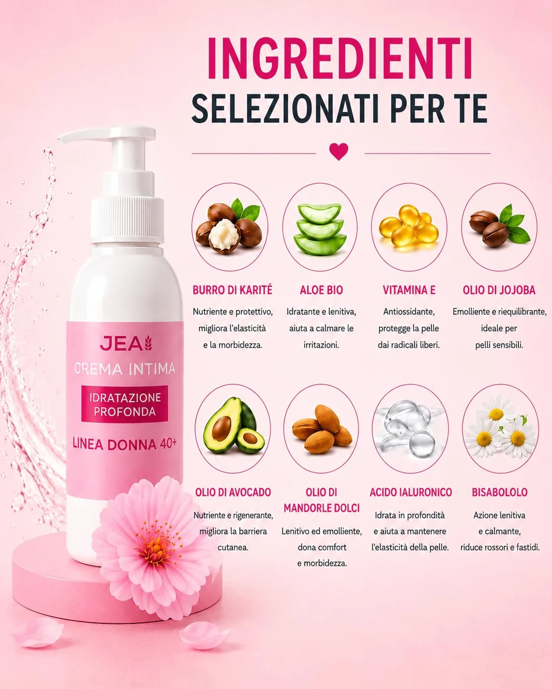 JEA Crema Intima Donna 40+ 100 ml Idratazione Profonda Zone Intime Esterne Aloe Vera Bio Acido Ialuronico Burro di Karité Vitamina E