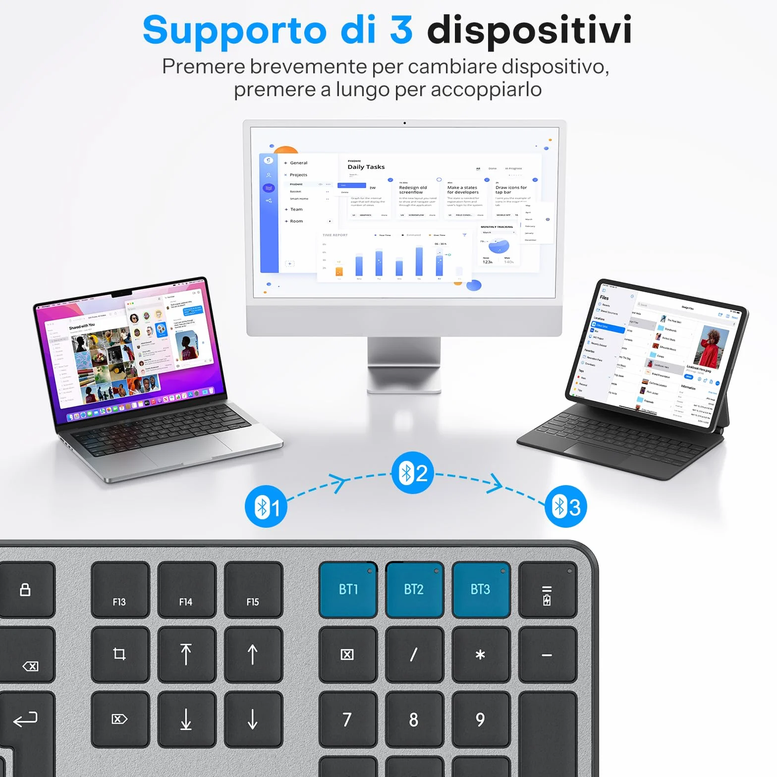 OMOTON Kit Tastiera e Mouse Bluetooth per Mac, Nuovo Tastiera e Mouse Ricaricabile Bluetooth BT1/BT2/BT3 Multidispositivo per MacBook Pro/Air, Mac Mini iMac, iMac Pro, Layout Italiano QWERTY, Grigio