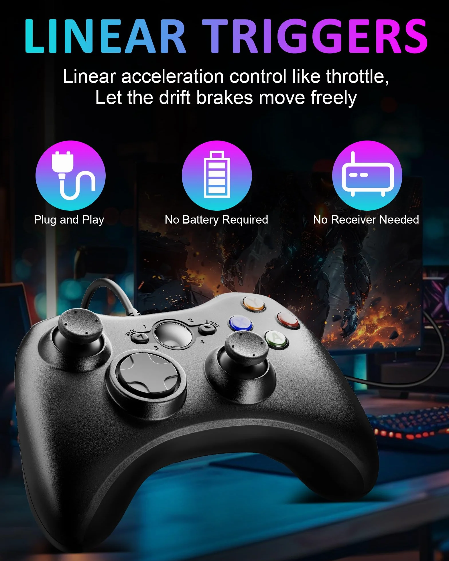 Controller per Xbox 360, Gamepad Joystick con cavo USB, feedback delle vibrazioni e chiavette analogiche precise, compatibile con PC/Windows 11/10/8/7/XP, funzione plug and play istantanea