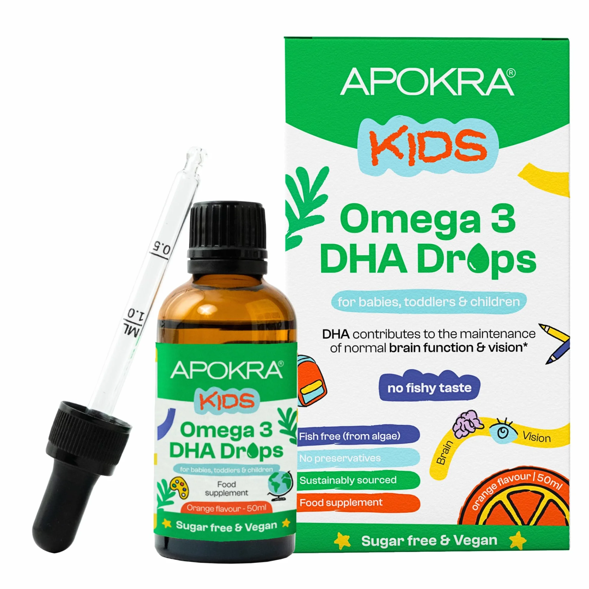 APOKRA Kids Omega 3 Vegan DHA Drops 50 ml Senza conservanti e senza zucchero