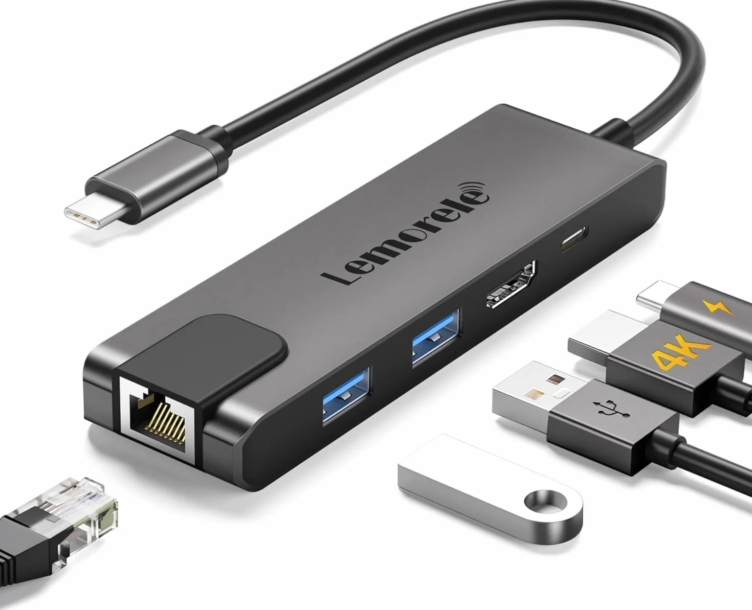 Lemorele Hub USB C con Gigabit, adattatore USB C 5 in 1 a RJ45 Ethernet 1000Mbps, 4K HDMI, 2 USB 3.0, 100W PD, per SteamDeck, MacBook Pro/Air, iPad, ChromeBook Pixel, Matebook, PC Tablet Type-C