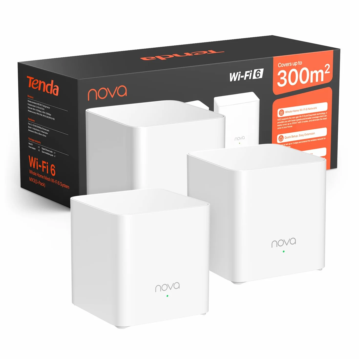 Tenda Nova Wifi 6 Mesh AX1500 (MX3), Sistema WiFi 6 per tutta la casa, MU-MIMO, Copertura fino a 4-6 camere da letto, Porte Gigabit, Controllo Parental, Facile installazione,TWT, WPA3, APP, IPTV