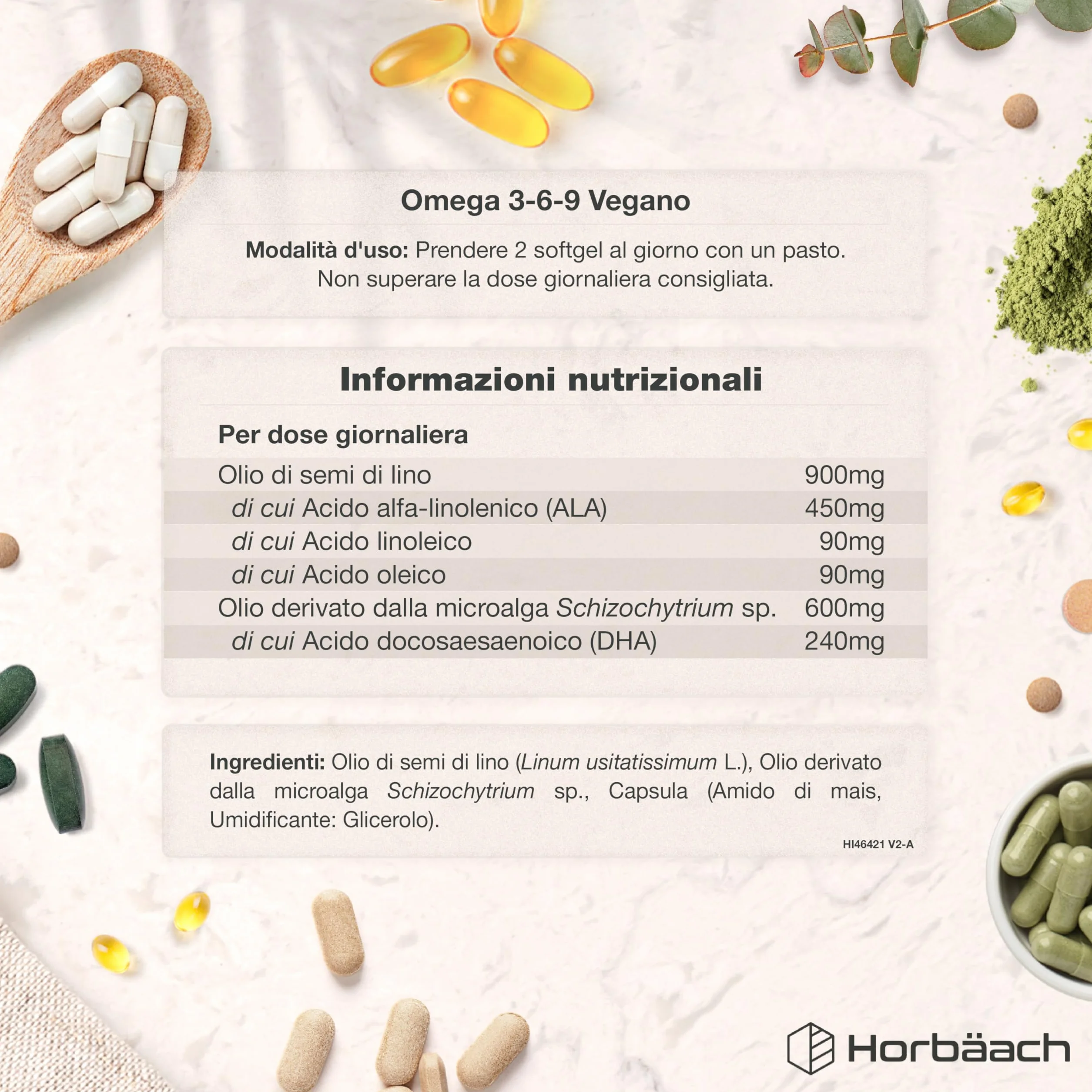 Omega 3 6 9 Vegan 1500mg 90 Capsule Integratore Alimentare con Acidi Grassi ALA DHA Horbaach