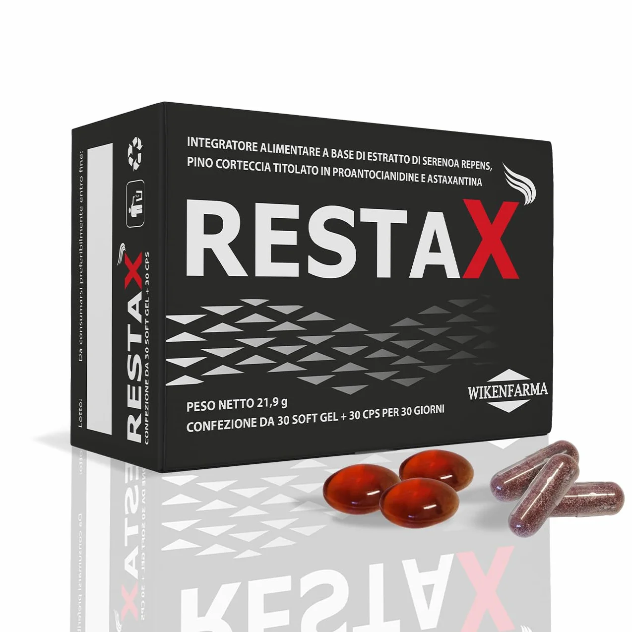 Restax 30+30 softgel per alopecia androgenetica maschile, antiandrogeno, caduta capelli, ricrescita, serenoa repens