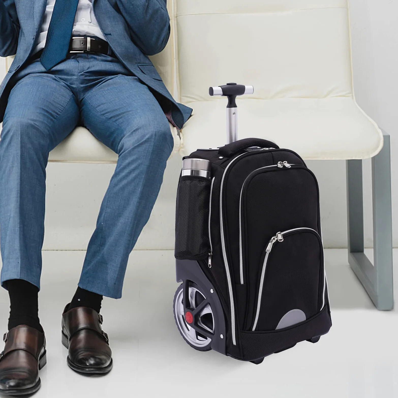 Zaino trolley da 45 l, con ruote, impermeabile, per laptop da 15 pollici, bagaglio a mano 3 in 1, ruote silenziose da 7 pollici, trolley in alluminio regolabile in altezza, per scuola, lavoro