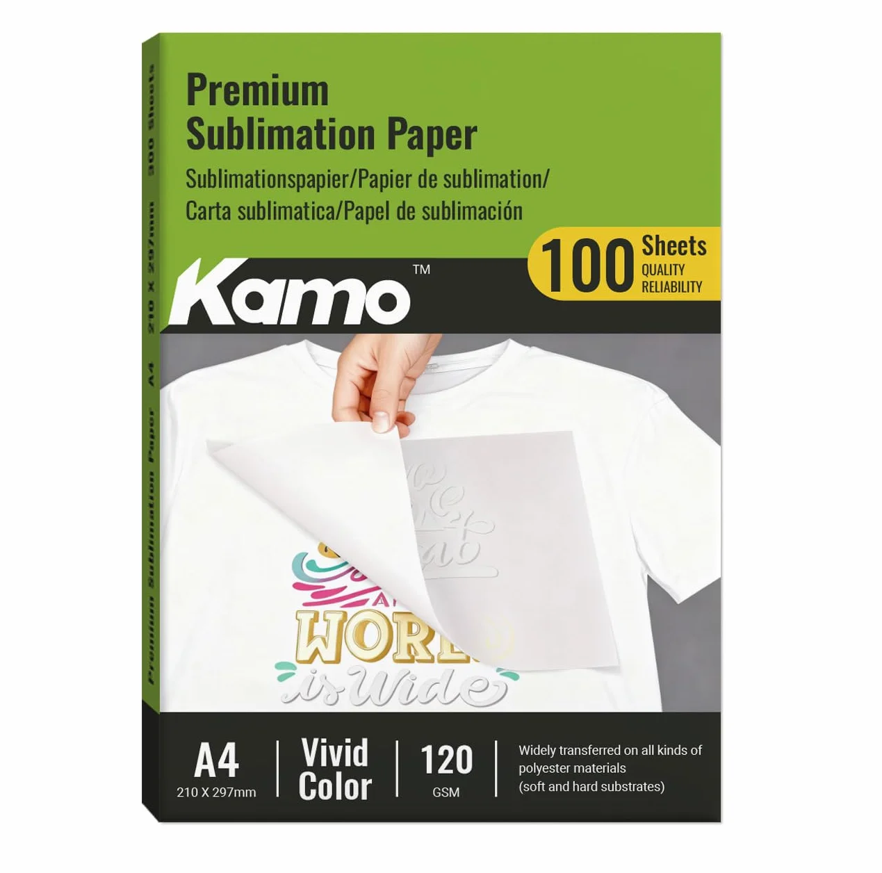 Kamo Carta per sublimazione A4, 210 x 297 mm, 100 fogli, 120 g/m², per cotone, T-shirt, tazze e vetro, compatibile con stampanti per sublimazione EPSON, SAWGRASS, RICOH, BROTHER