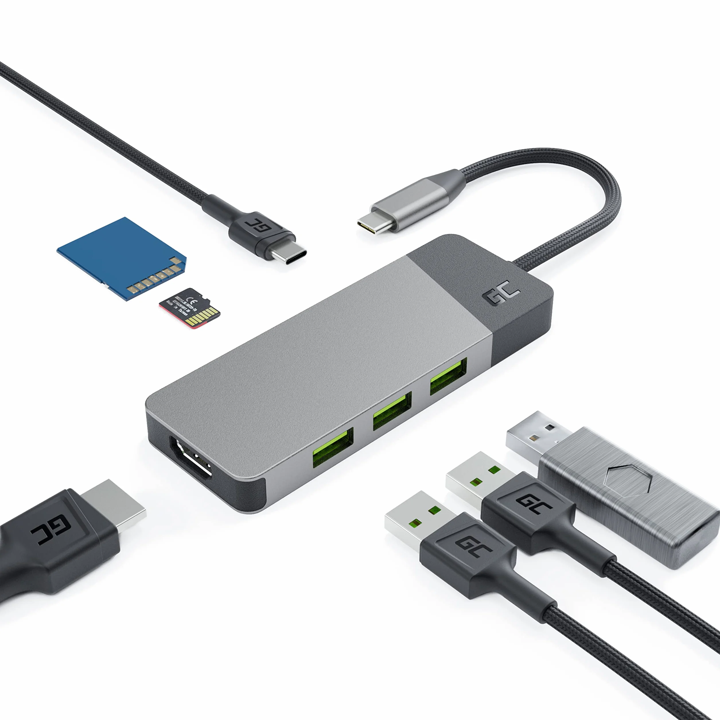 Adattatore, Stazione docking HUB USB-C PD 85W GC Connect 7in1 (3x USB-A 3.1 HDMI 4K 60Hz SD microSD) per Apple MacBook M1/M2, Lenovo ThinkPad X1, Asus ZenBook, Dell XPS, Supporto Samsung DeX