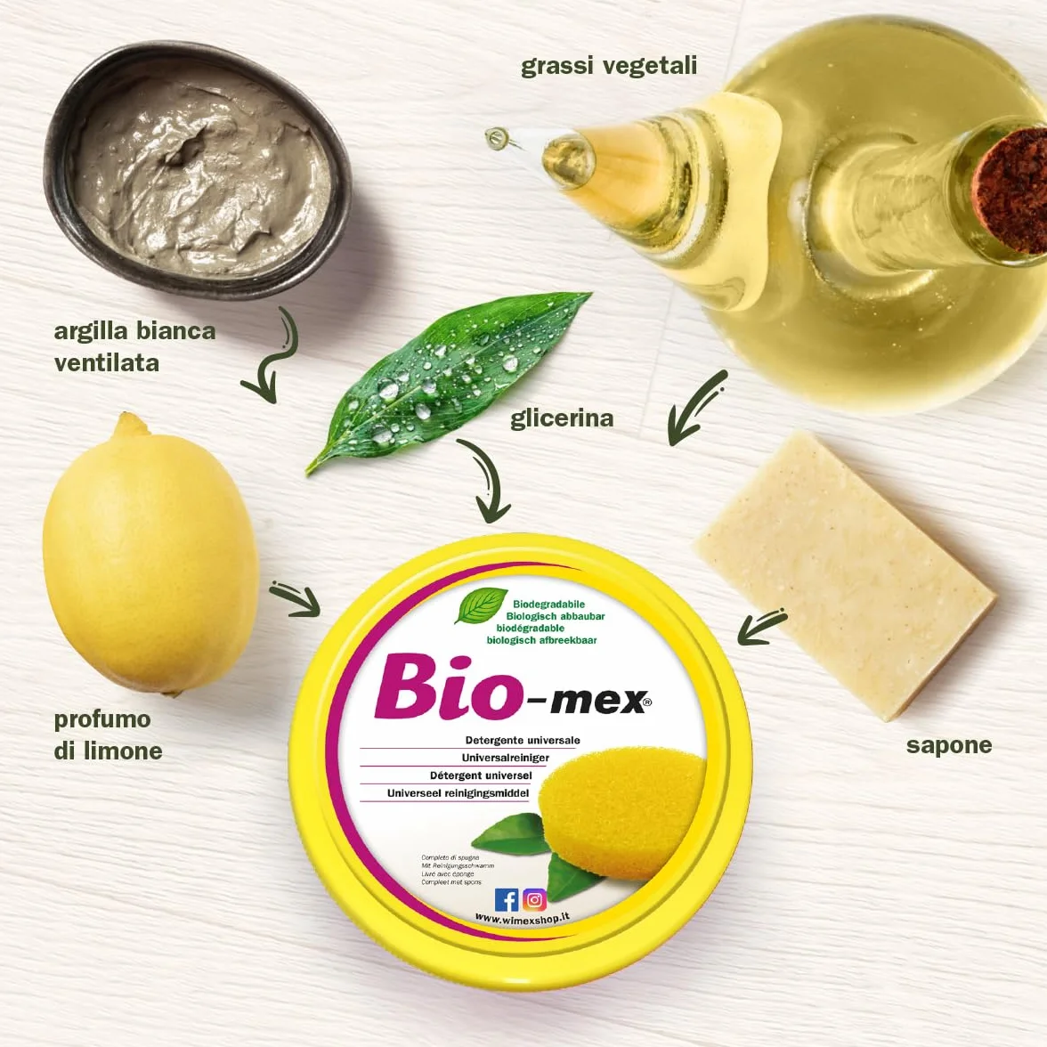 Bio-mex® Detergente Universale Biodegradabile 300gr con Spugna - Pasta Pulente per Acciaio