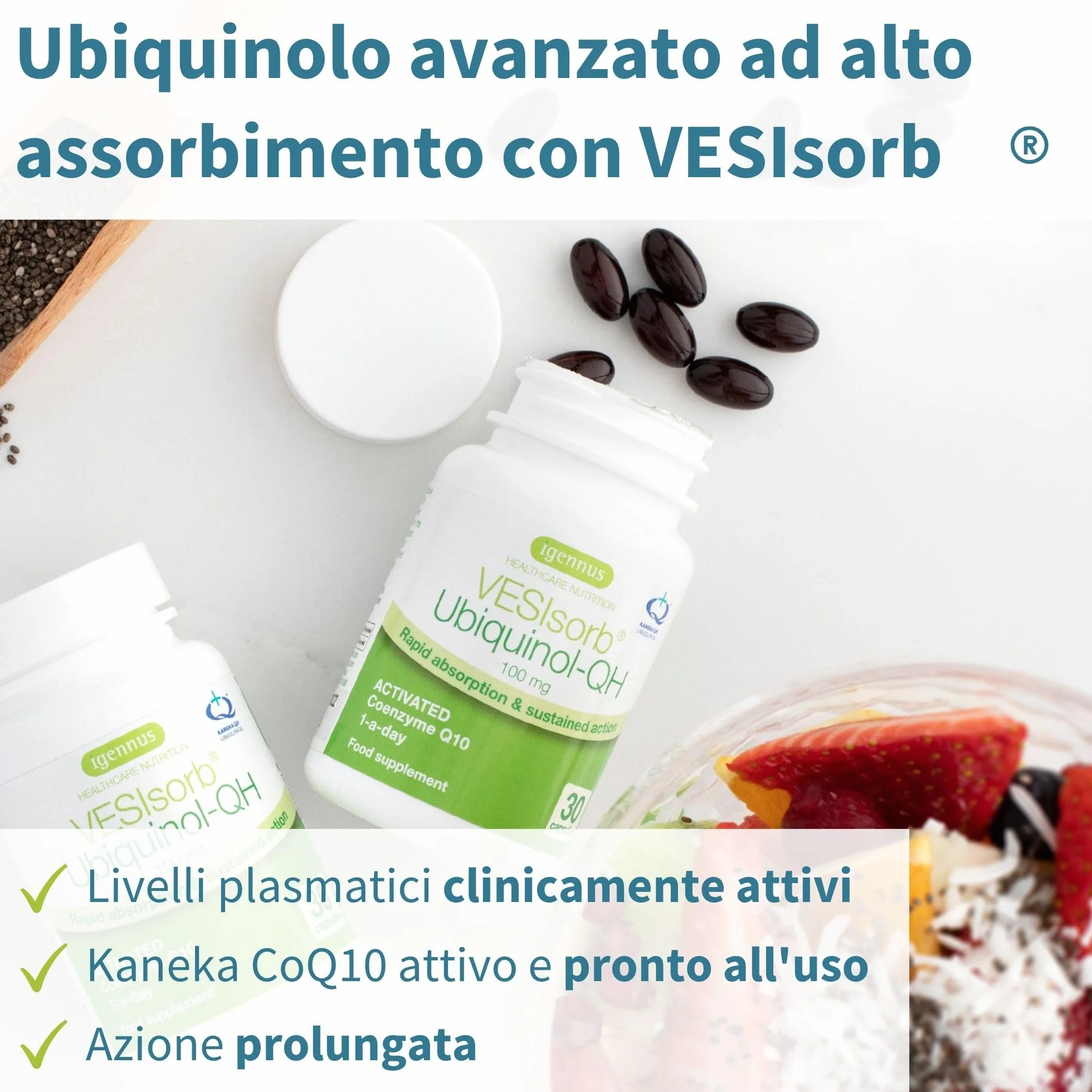 Igennus VESIsorb Ubiquinolo 100mg Kaneka Ubichinolo Coenzima Q10 Idrosolubile 30 Capsule