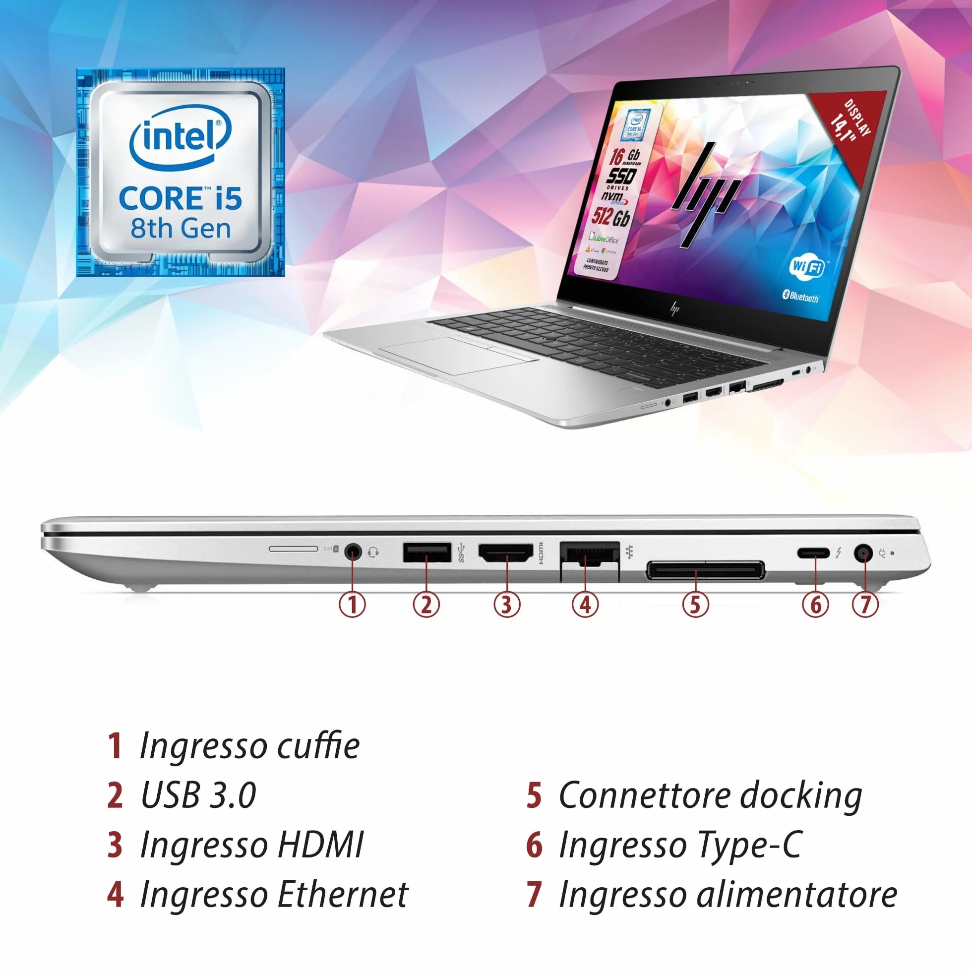 HP Elitebook 14.1" Intel i5-8th Gen 1.7GHz 16GB RAM 512GB SSD Notebook W11 LibreOffice Ricondizionato