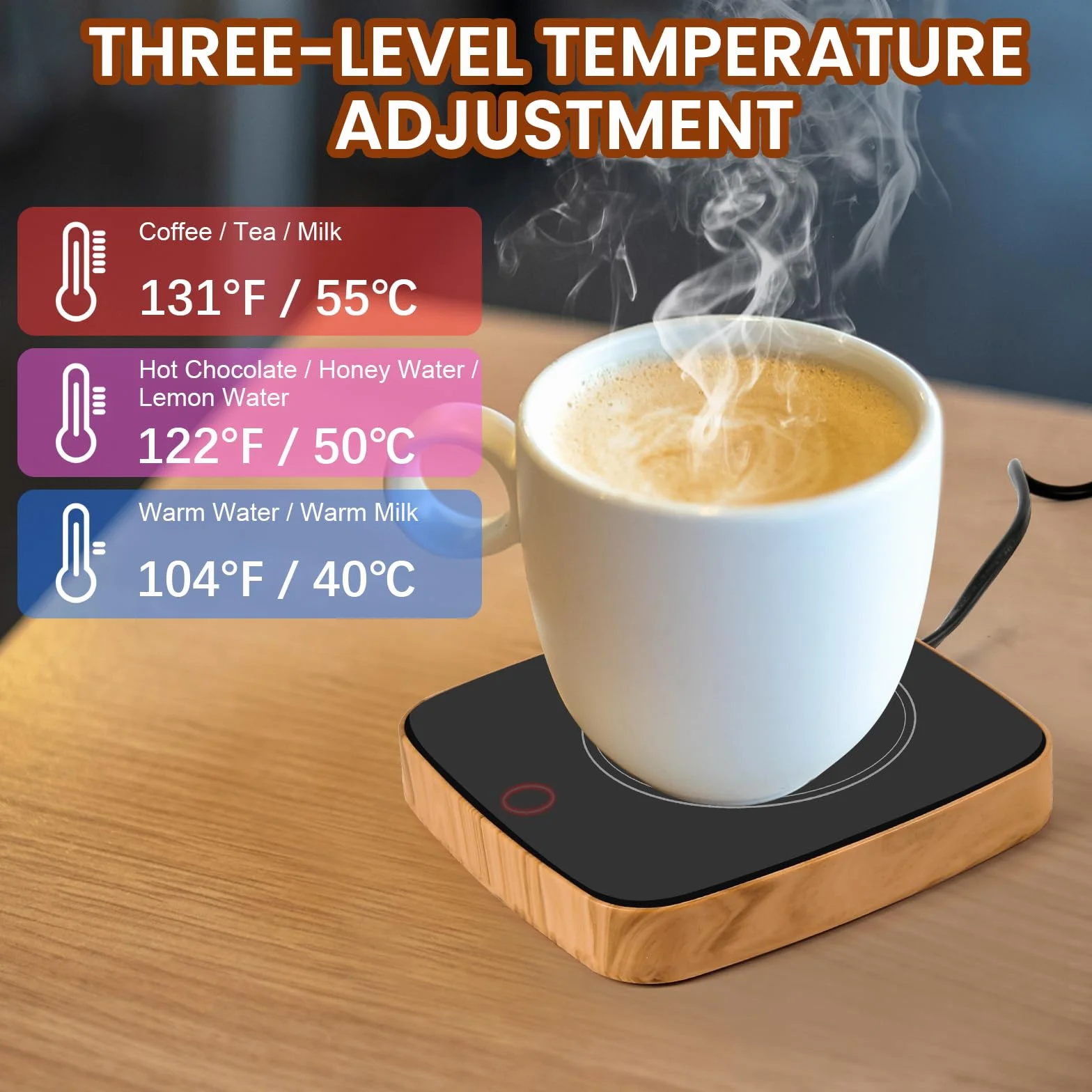 Scalda Tazza, Teklemon Scaldatazze da Caffè, Scalda Bevande Elettrico con 3 Impostazioni di Temperatura, Scaldino da Tè, Scaldino Elettrico per Bevande Cacao Latte Caffè Tè (In Legno)