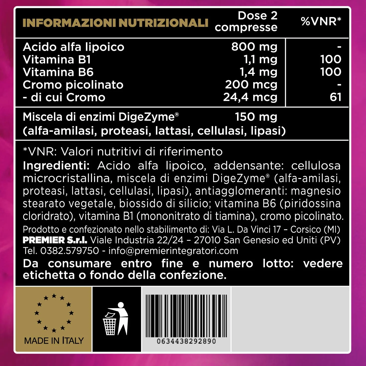 Premier Integratori Alaform 800-90 compresse Acido Alfa Lipoico Solvent free Cromo Picolinato antiossidante