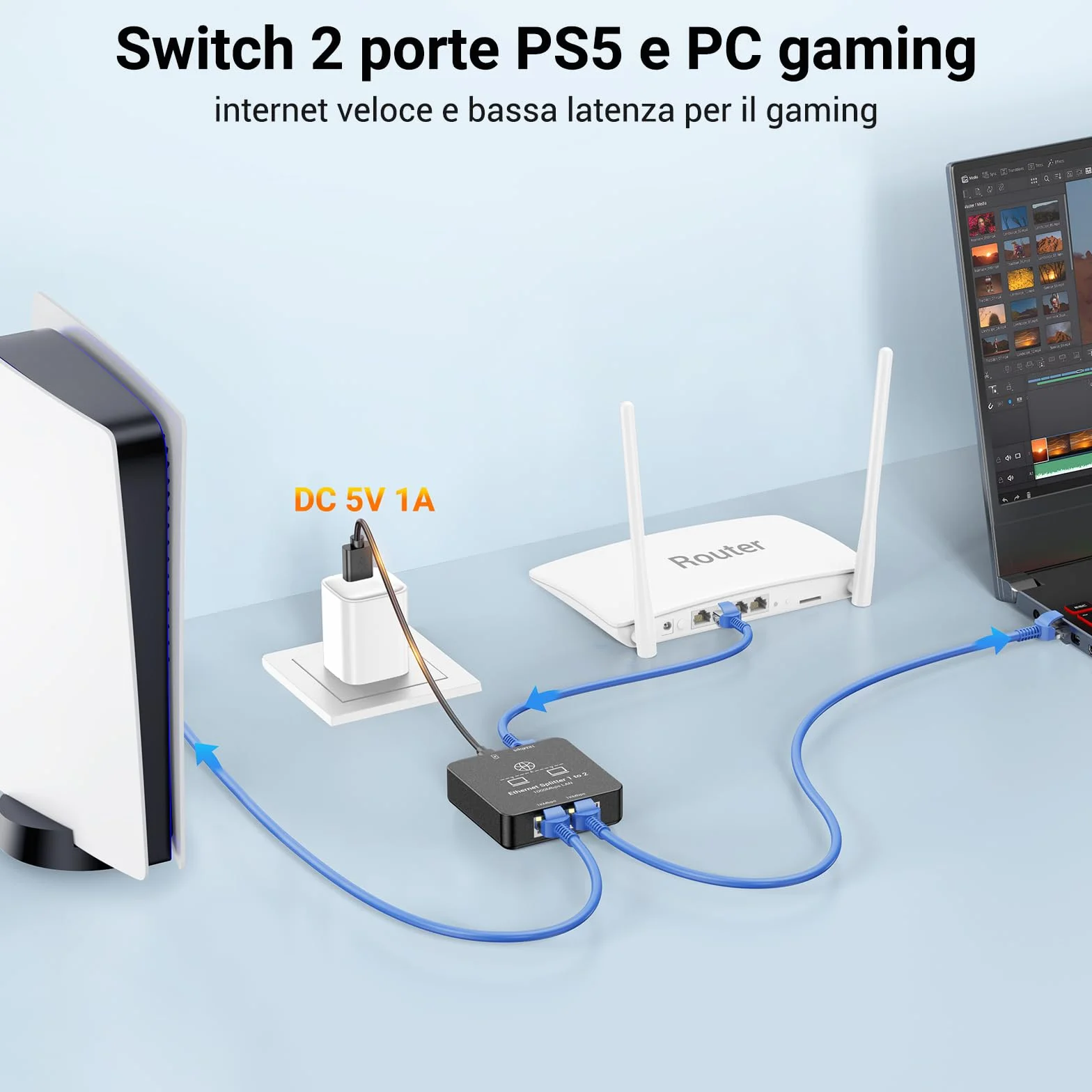 KiwiBird Switch ethernet 2 Porte, Splitter ethernet, 1000Mbps sdoppiatore Cavo LAN RJ45 gigabit, Mini Switch 1 Ingresso 2 uscite per Cat 8 7 6 5e 5 Compatibile con Router Fibra Ottica PC TV Box PS5
