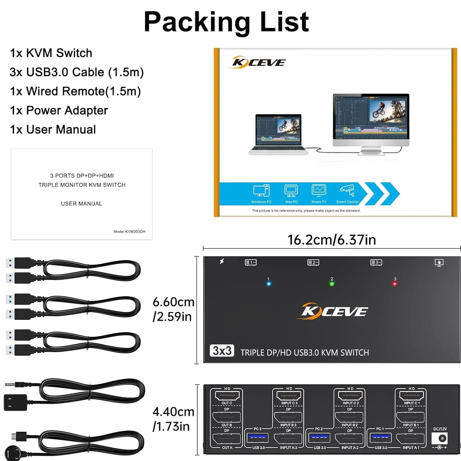 Switch KVM 3 PC 3 monitor 8K a 60 Hz 4K a 144 Hz, CAMGEET HDMI+2 Displayport Switch KVM triplo monitor per 3 computer, condividi 3 monitor e 4 dispositivi USB 3.0, telecomando cablato incluso