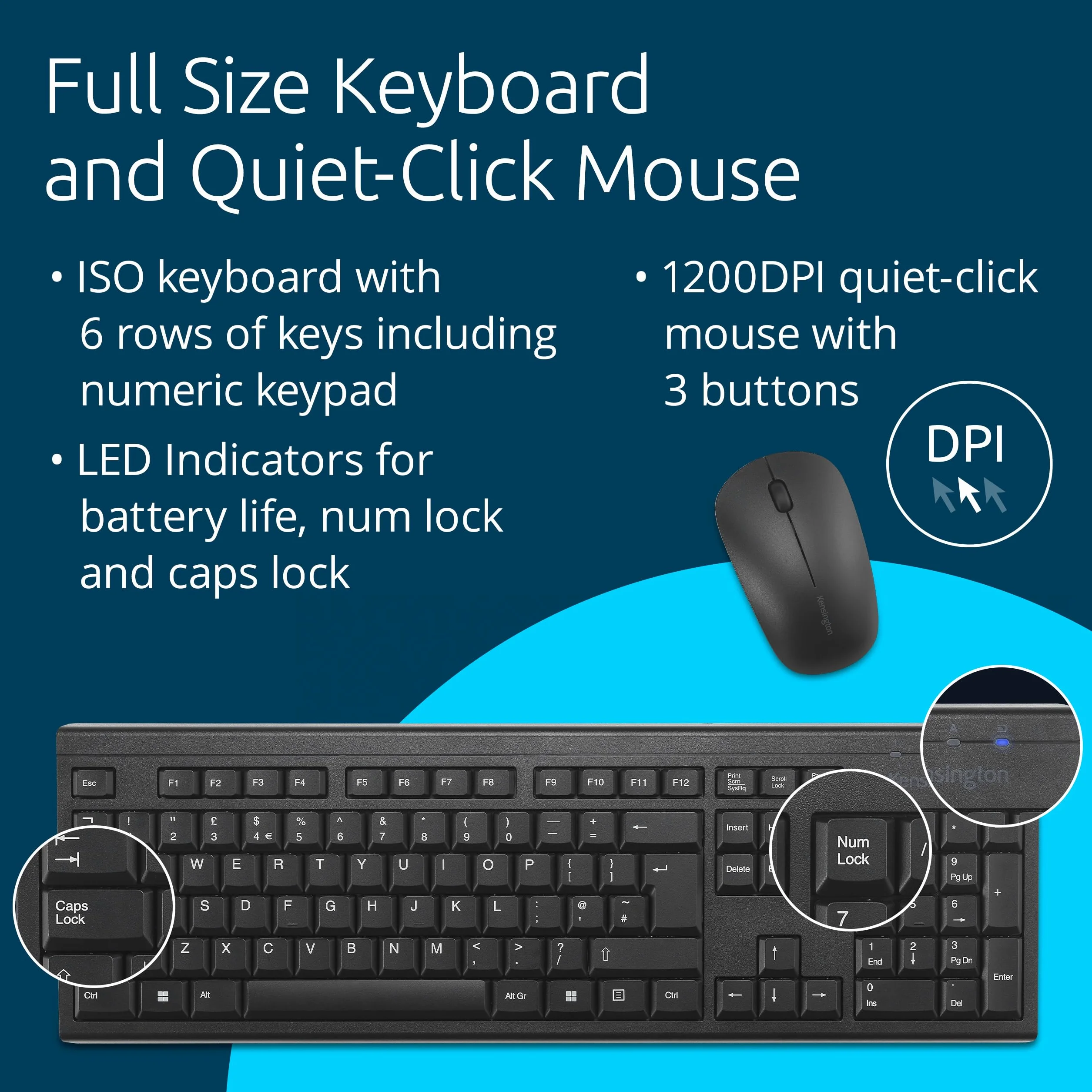 Kensington KM150 EQ Set tastiera e mouse wireless, per Windows e MacOS, ricevitore USB 2,4 GHz Nano, tastiera numerica a grandezza naturale, mouse silenzioso 1200 DPI, layout QWERTY, nero, K75562IT