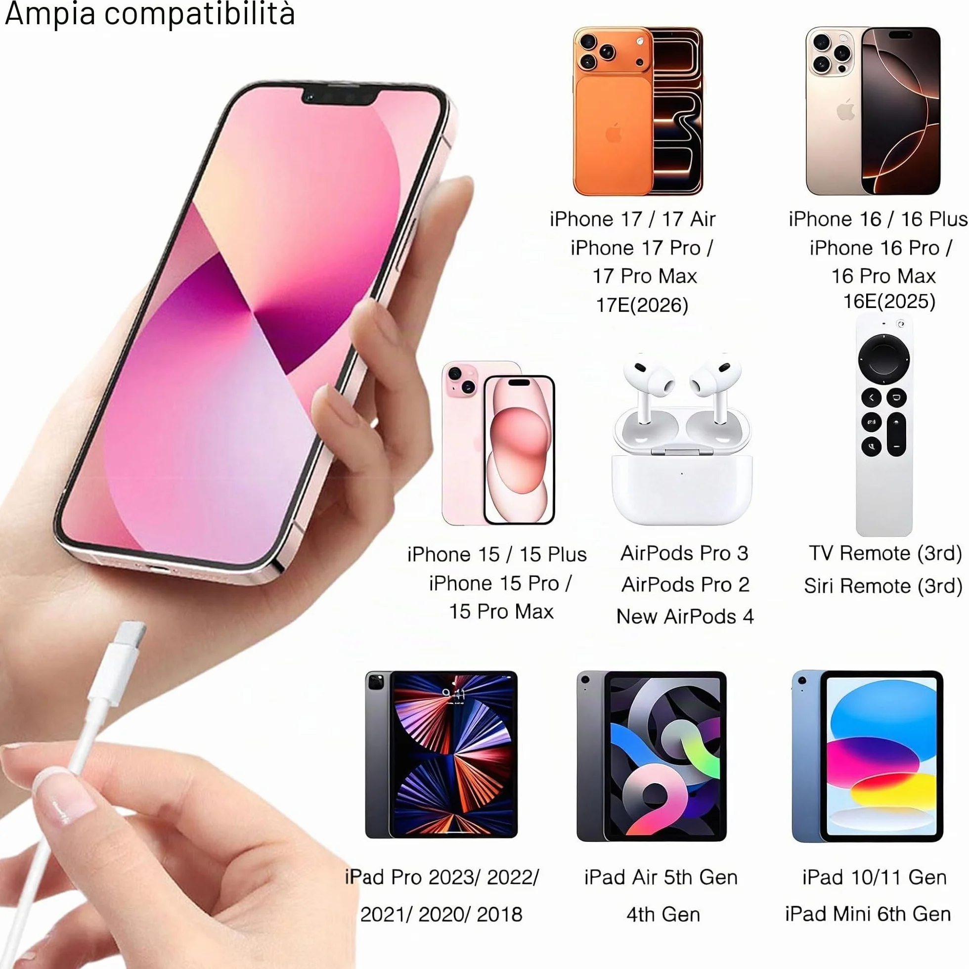 Cavo iPhone 17/16/15 USB C Carplay Auto Ricarica per iPhone 17/16/15 Pro Max, Plus, 16e, AirPods, iPad Pro, Pixel