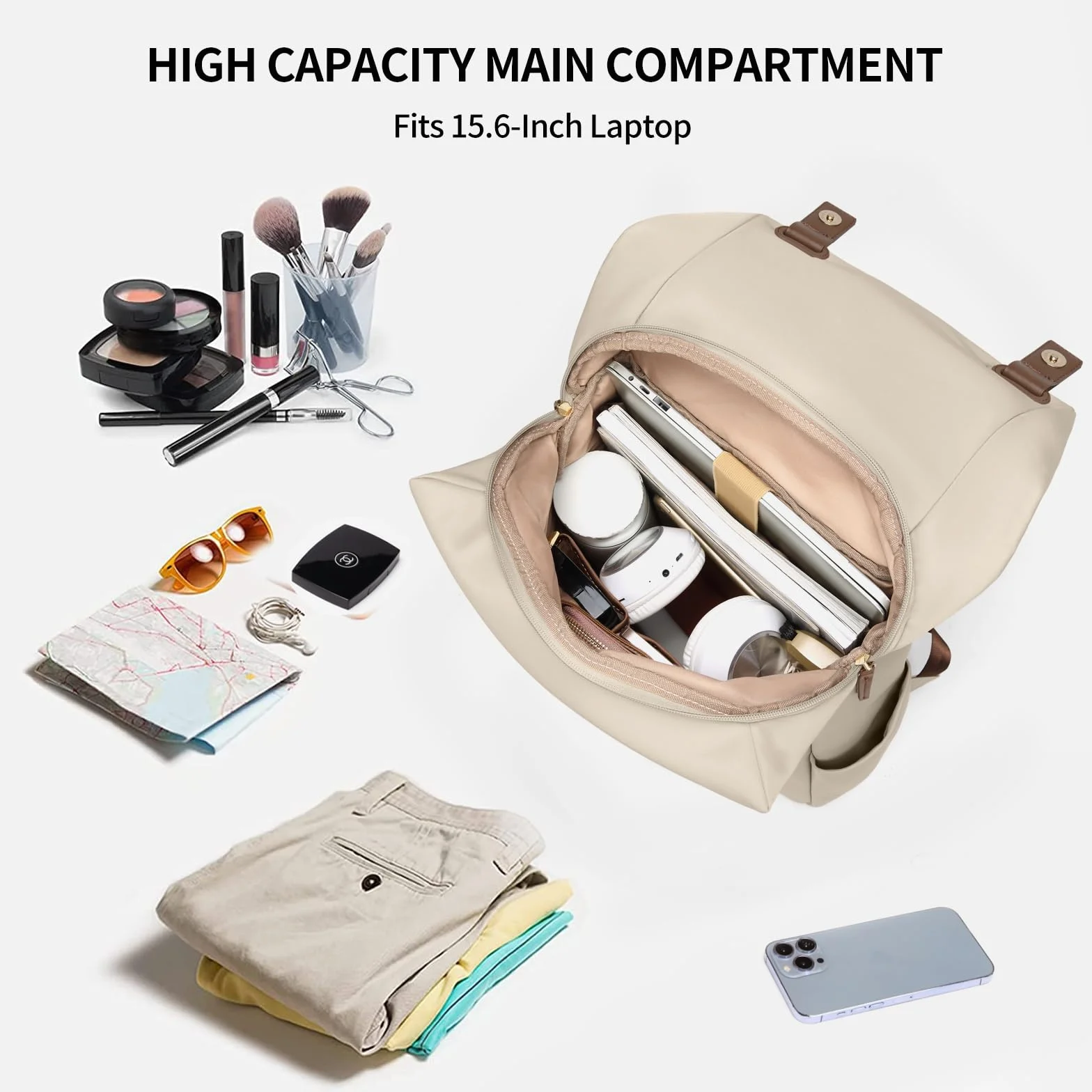 Zaino Donna per PC Portatile 15.6Pollici, Zaino Lavoro Uomo Impermeabile Antifurto, per Laptop, Computer Notebook Borse per Viaggio Ufficio Scuola,Mandorla