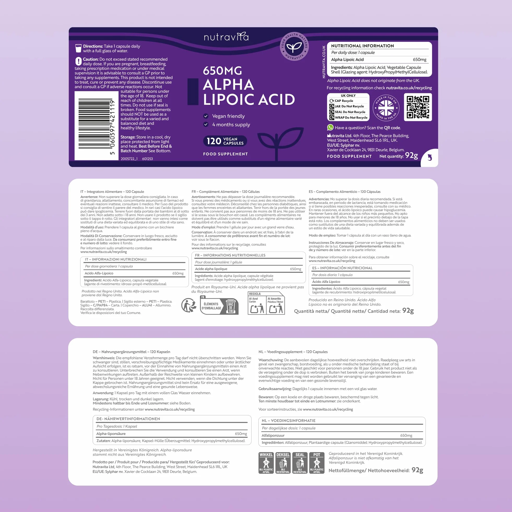 Nutravita Acido Alfa Lipoico 650 mg 120 Capsule Vegane Integratore Alta Concentrazione