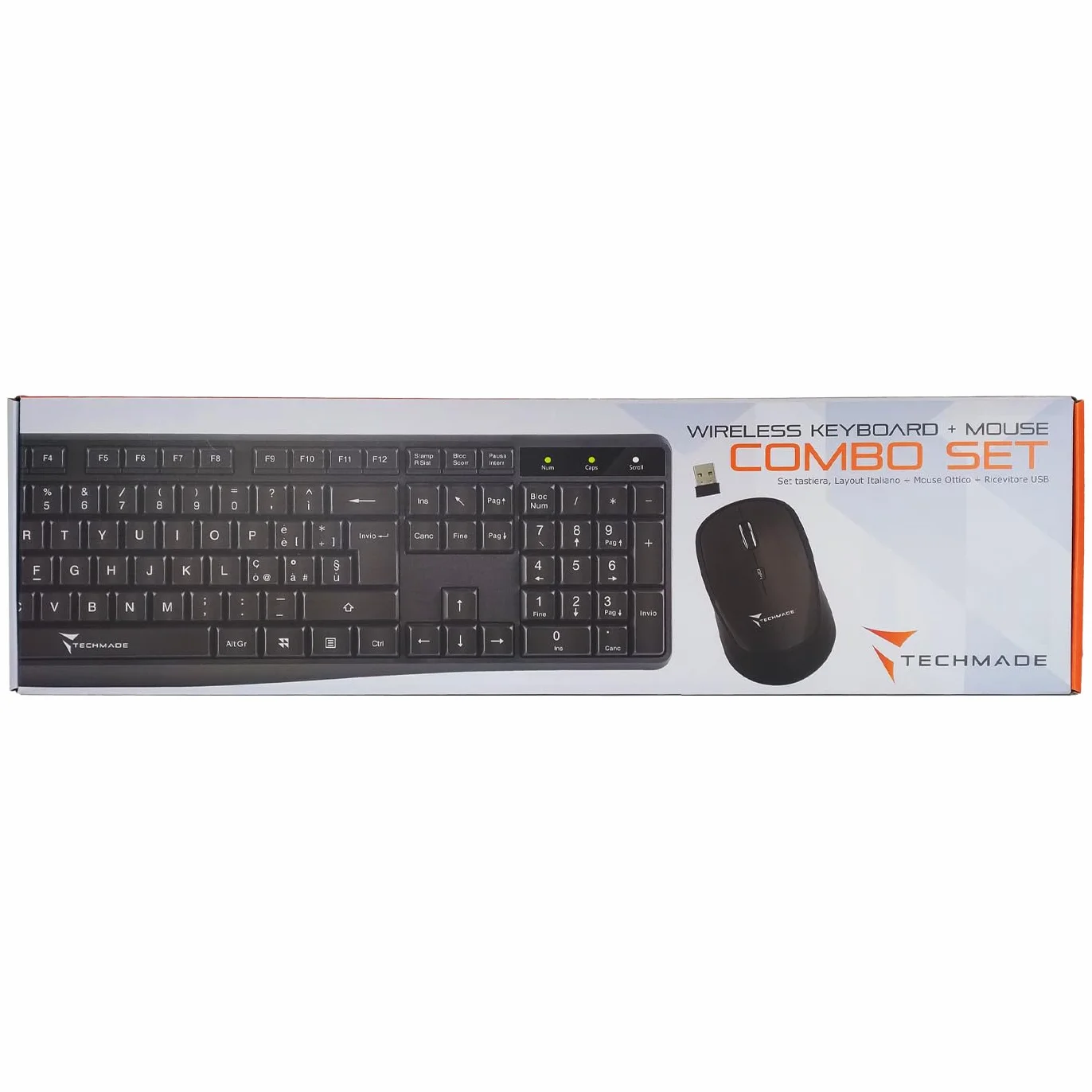 Techmade KM001 Kit Combo Tastiera e Mouse Wireless per Windows e Mac | Mouse Wireless | Tastiera Dimensioni Standard | Tastierino | Ricevitore USB Unico per PC e Laptop | Layout Italiano QWERTY