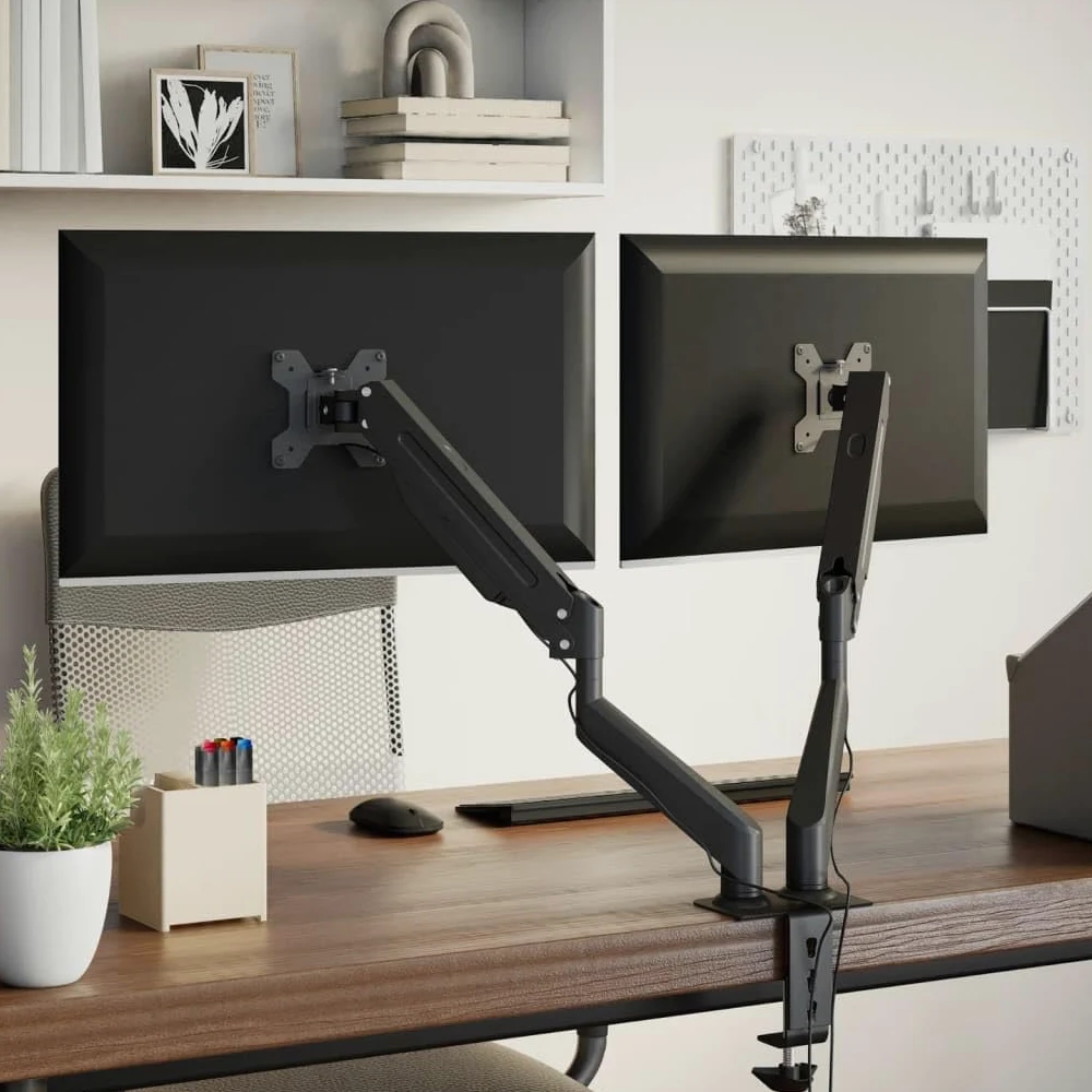 Doppio braccio monitor per max 27 pollici molla a gas 20 kg | VESA 75 x 75, 100 x 100, acciaio, morsetto a C, passacavi, rotazione a 360 gradi