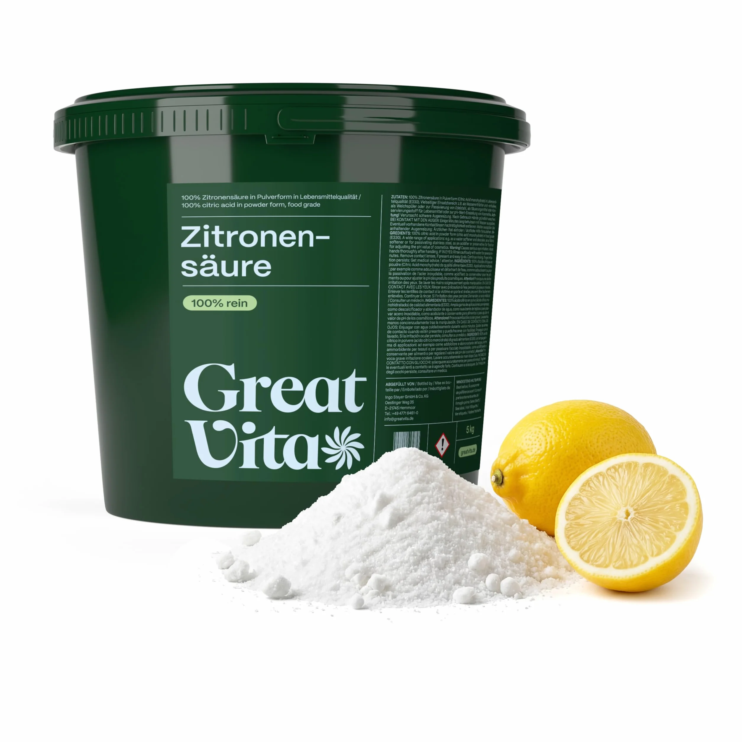 GreatVita Acido Citrico Polvere 5 kg E330 Decalcificazione Pulizia Cottura