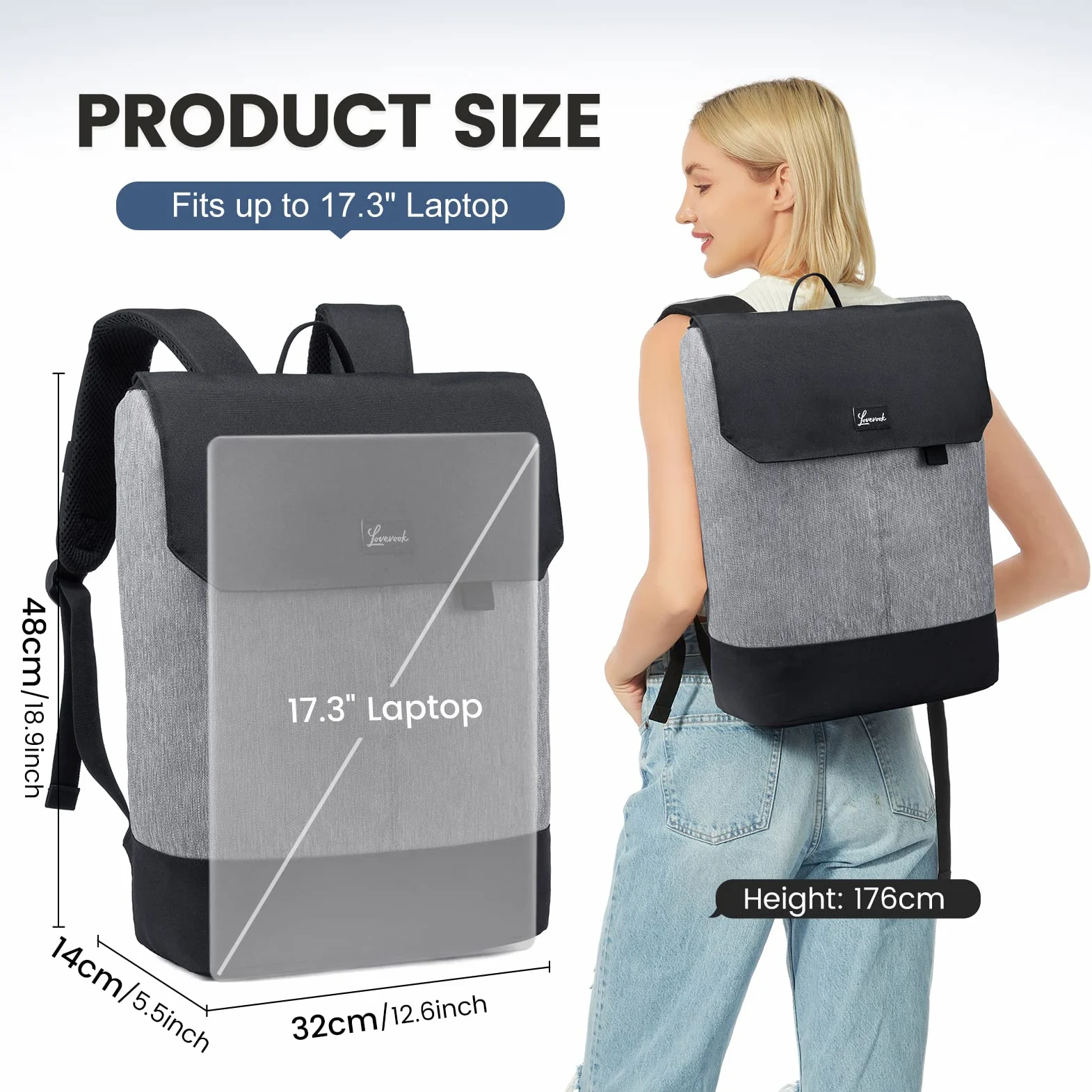 LOVEVOOK Zaino da donna elegante zaino impermeabile con scomparto per computer portatile da 17 pollici e custodia antifurto per gite, università, scuola e ufficio, grigio/nero