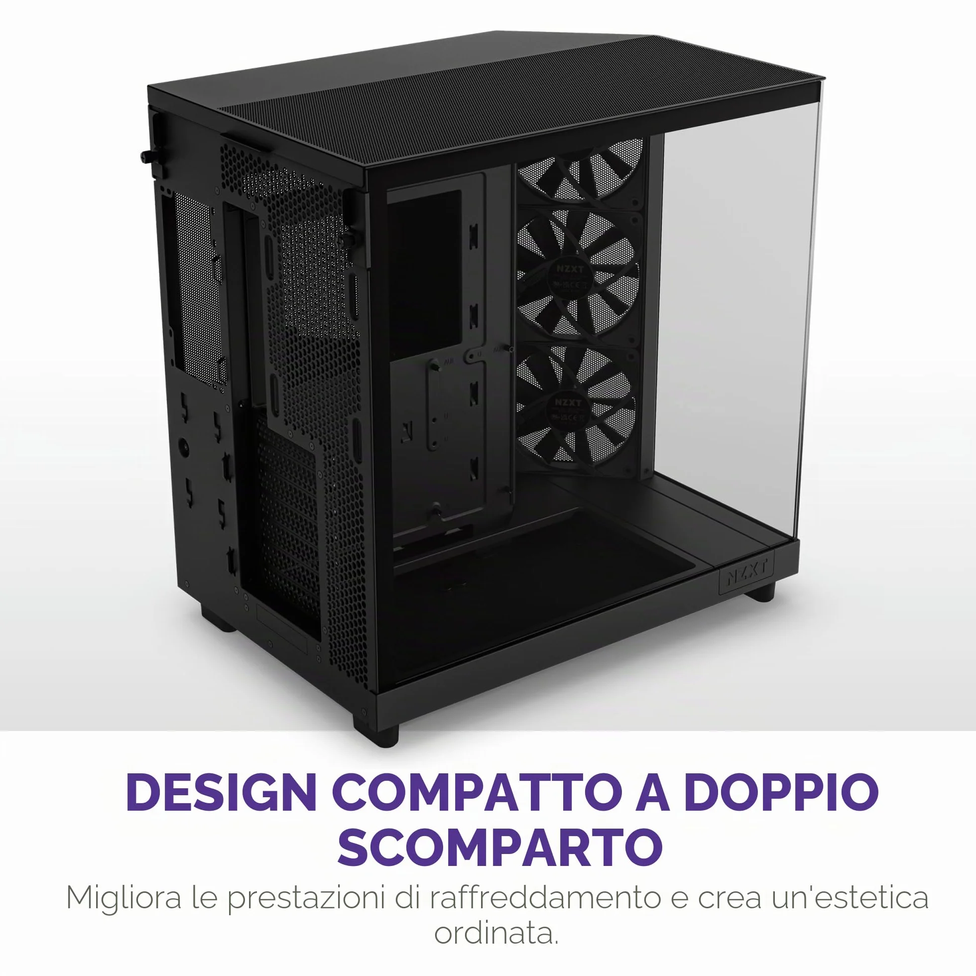 NZXT H6 Flow, CC-H61FB-01, Case Mid-Tower Compatto a Doppia Camera con Flusso d'Aria, Pannelli in Vetro Panoramico, Flusso d'Aria ad Alte Prestazioni, Include 3 Ventole da 120 mm, Nero