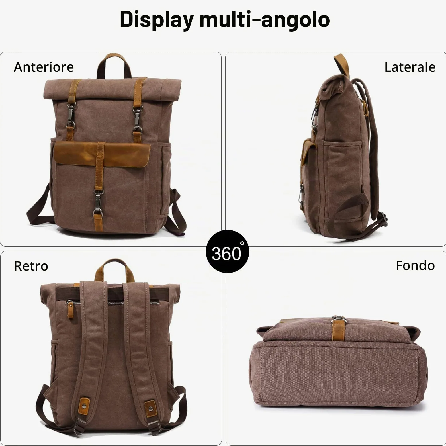 FANDARE Retrò Zaino Rolltop Zainetta Tela Zaino Porta PC Zainetto Scuola Zaino per 15.6 Pollici PC Borsa per Uomo Donna Scuola Università Viaggio Lavoro Daypacks Nero