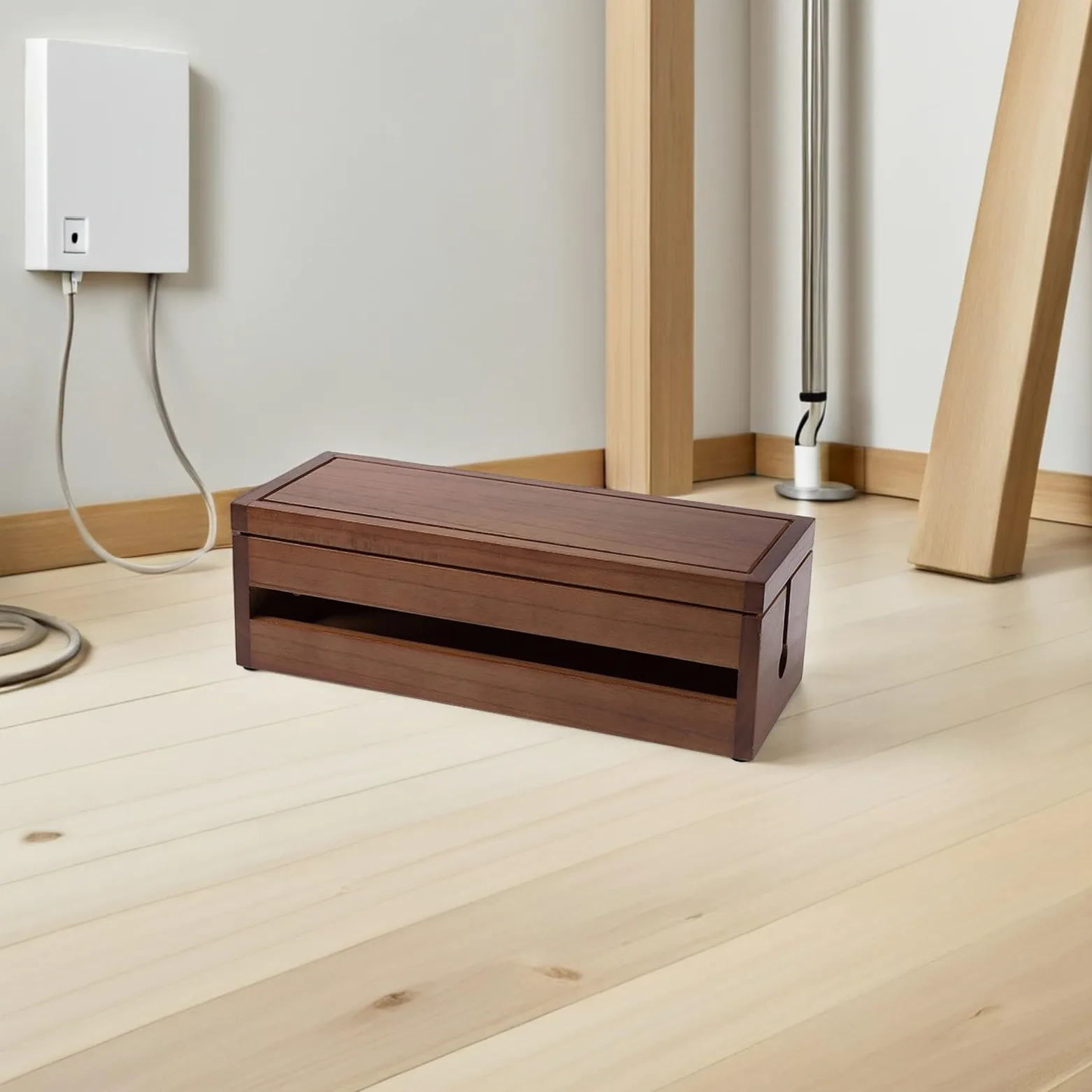 Scatola Organizzatrice Color Caffè Design Multifunzionale in Legno di Paulownia e Dissipazione del Calore, Custodia per Presa e Cavi per Cavi