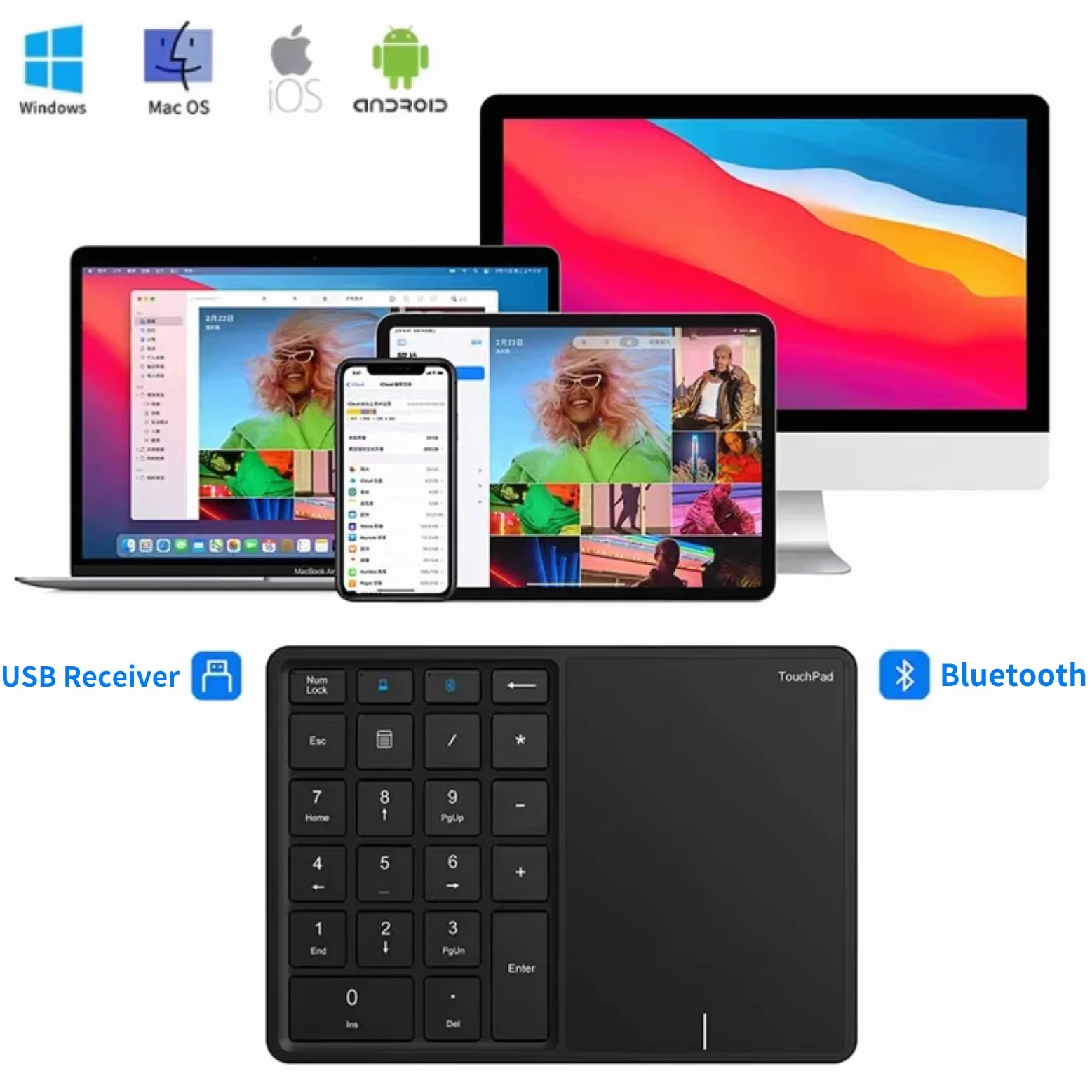 Yunseity Tastierino Numerico Wireless 2.4G con Touchpad, Tastierino Numerico Portatile Bluetooth a 22 Tasti, Tastiera Numerica Ricaricabile USB C per Contabilità Finanziaria(Nero)