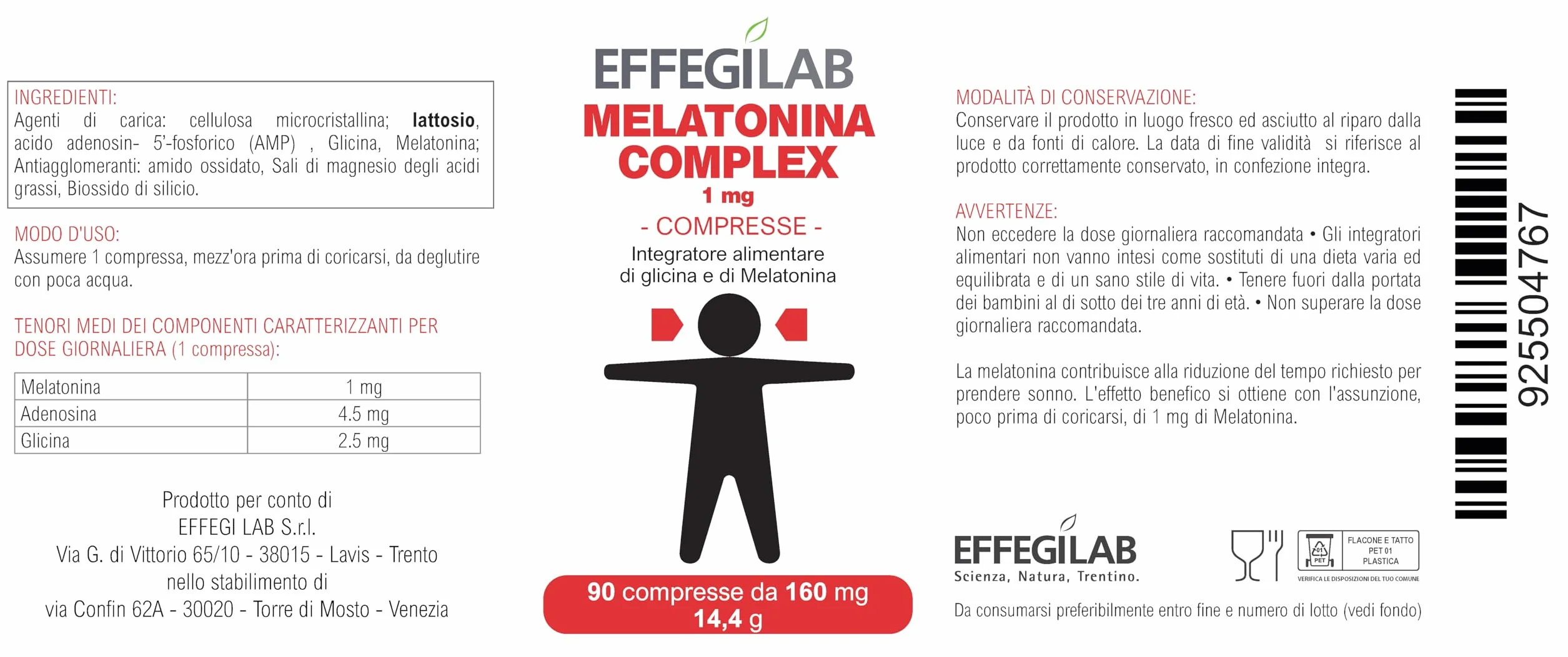 Melatonina 1 mg Complex Effegilab 90 Compresse con Adenosine e Glicina Integratore per Dormire Sonno Naturale