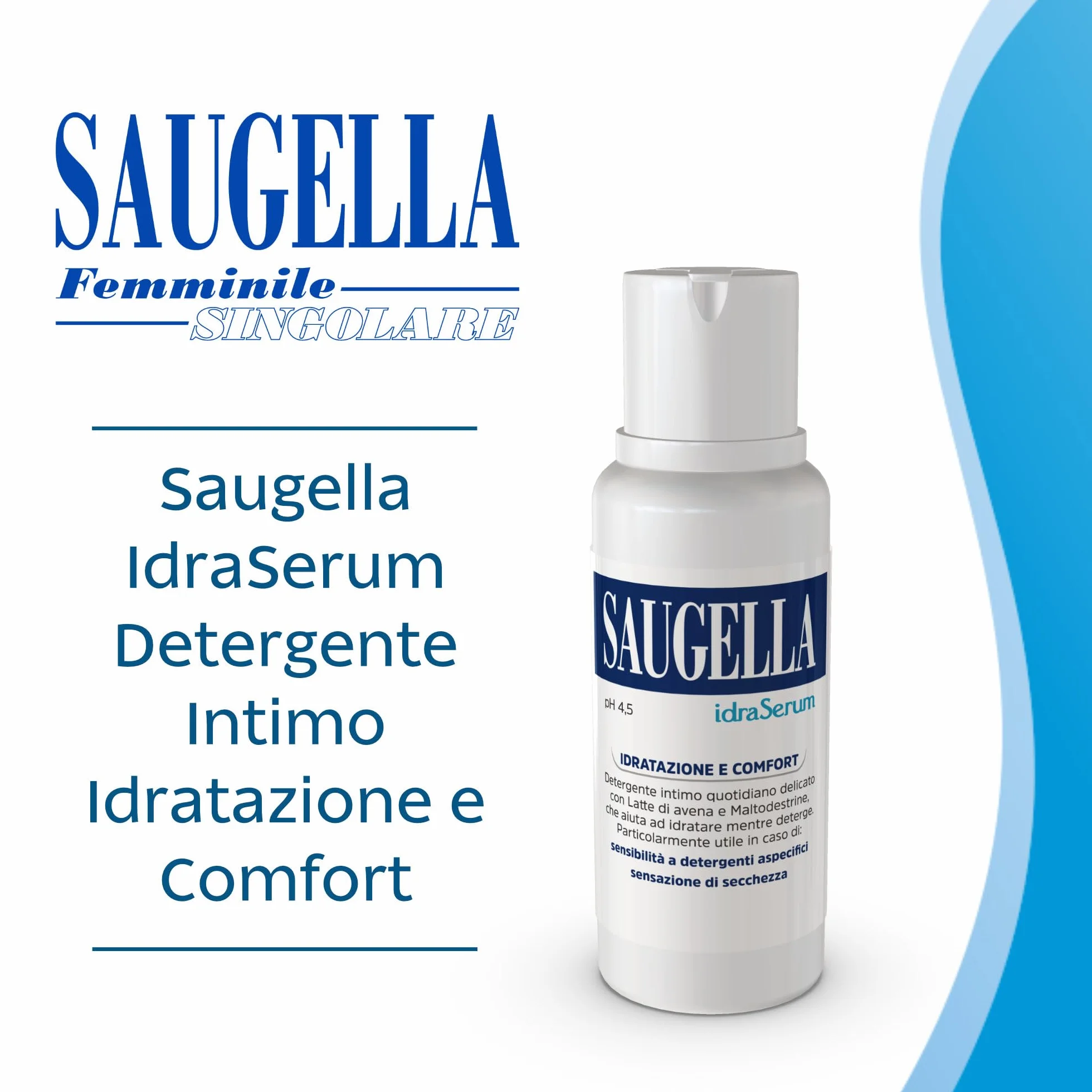 Saugella IdraSerum Detergente Intimo Delicato pH 4.5 Latte d'Avena Acido Lattico Lavanda 200 ml
