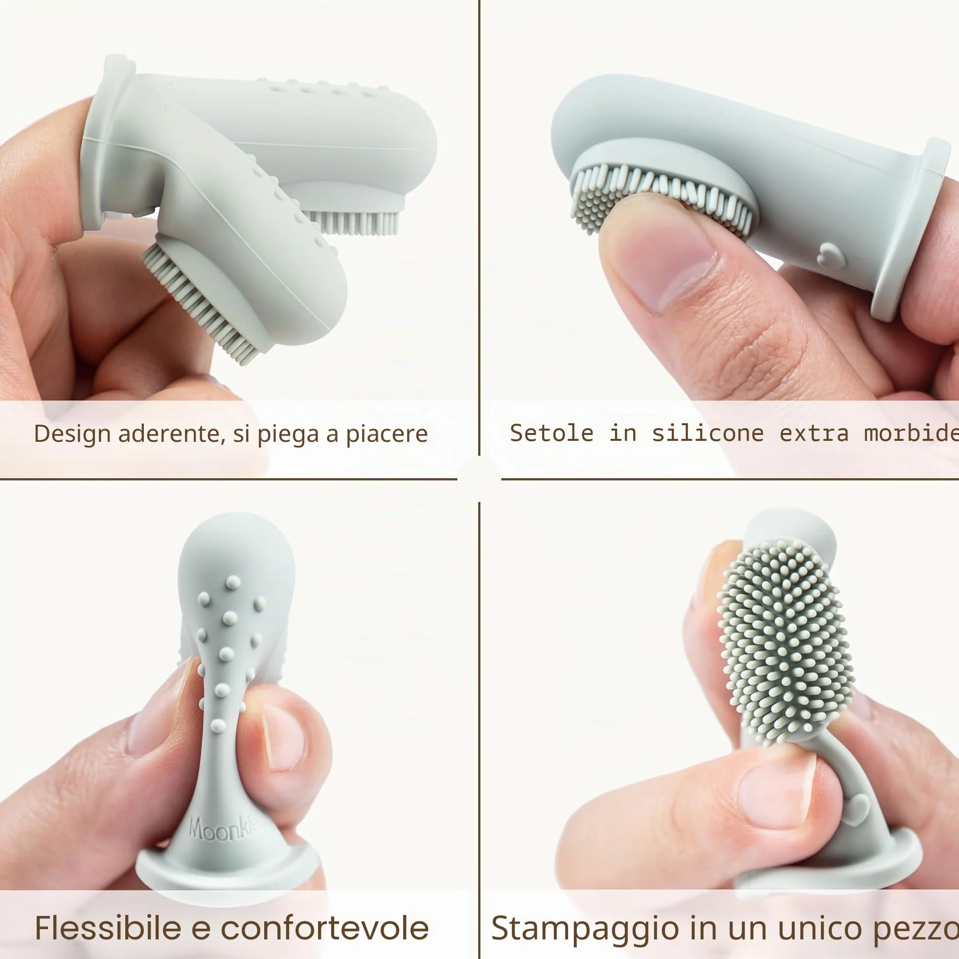 Moonkie Spazzolino Per Neonati 2 Pezzi Ditale In Silicone Senza BPA Pulizia Delicata Dei Denti E Massaggio Gengive Accessorio Per Igiene Orale 3+ Mesi Blush Viola Pallido