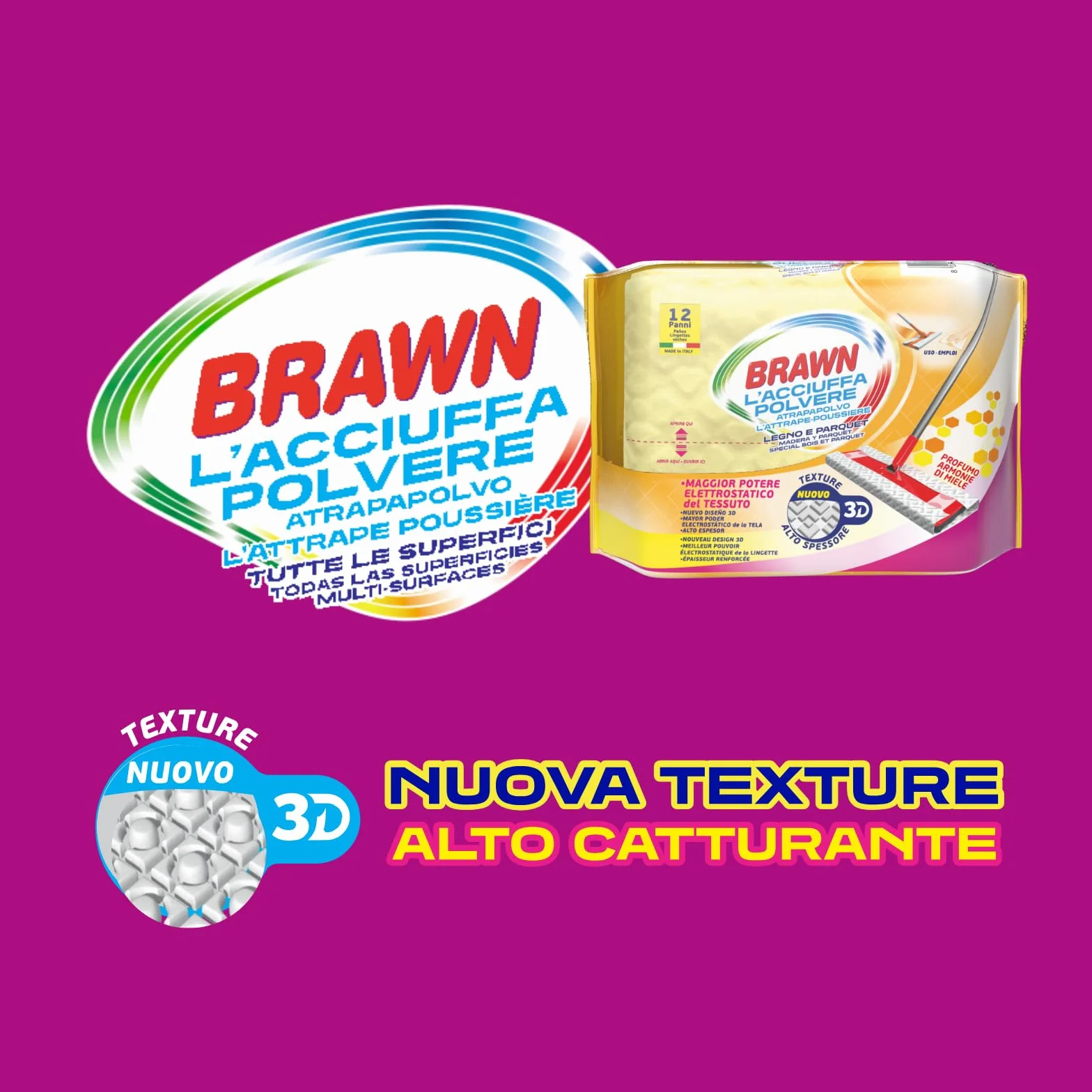 Brawn Acciuffapolvere Legno e Parquet, Tessuto 3D ad Alto Spessore, Profumo Armonie di Miele, Confezione da 12 Panni