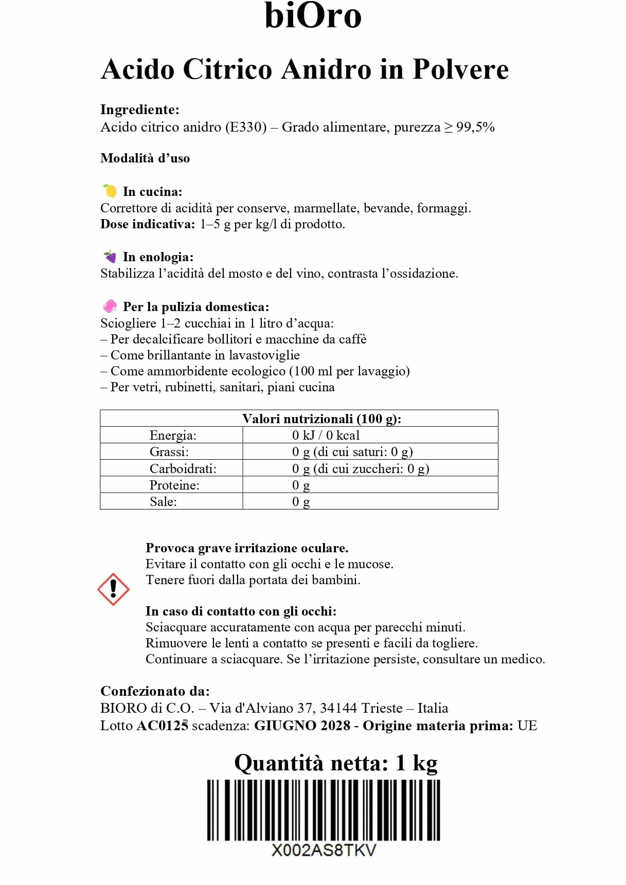 ACIDO CITRICO ALIMENTARE 1 kg BiOro 100% Puro Food Grade Detergente Disincrostante naturale