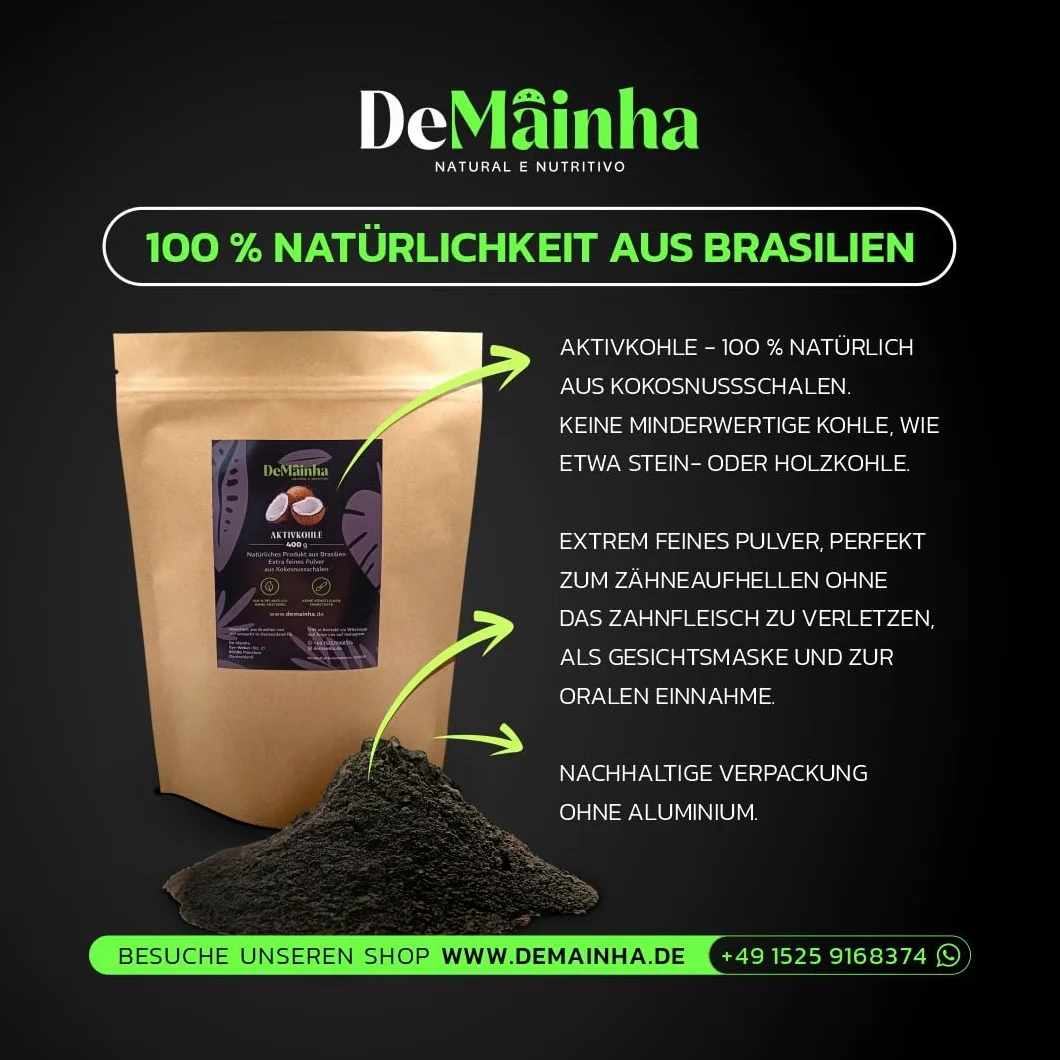 Carbone attivo in polvere premium 400 g 100% vegetale da gusci di cocco brasiliano