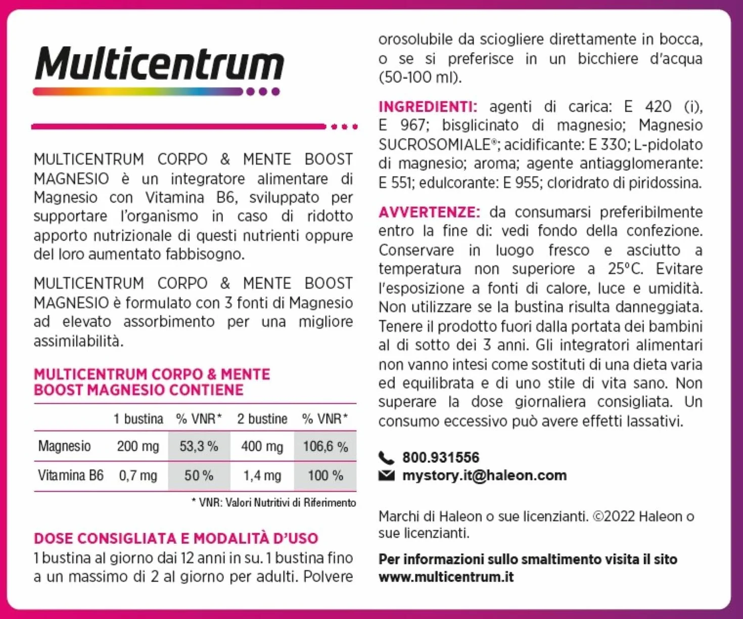 Multicentrum Corpo & Mente Boost Magnesio Integratore Alimentare adulti 30 bustine