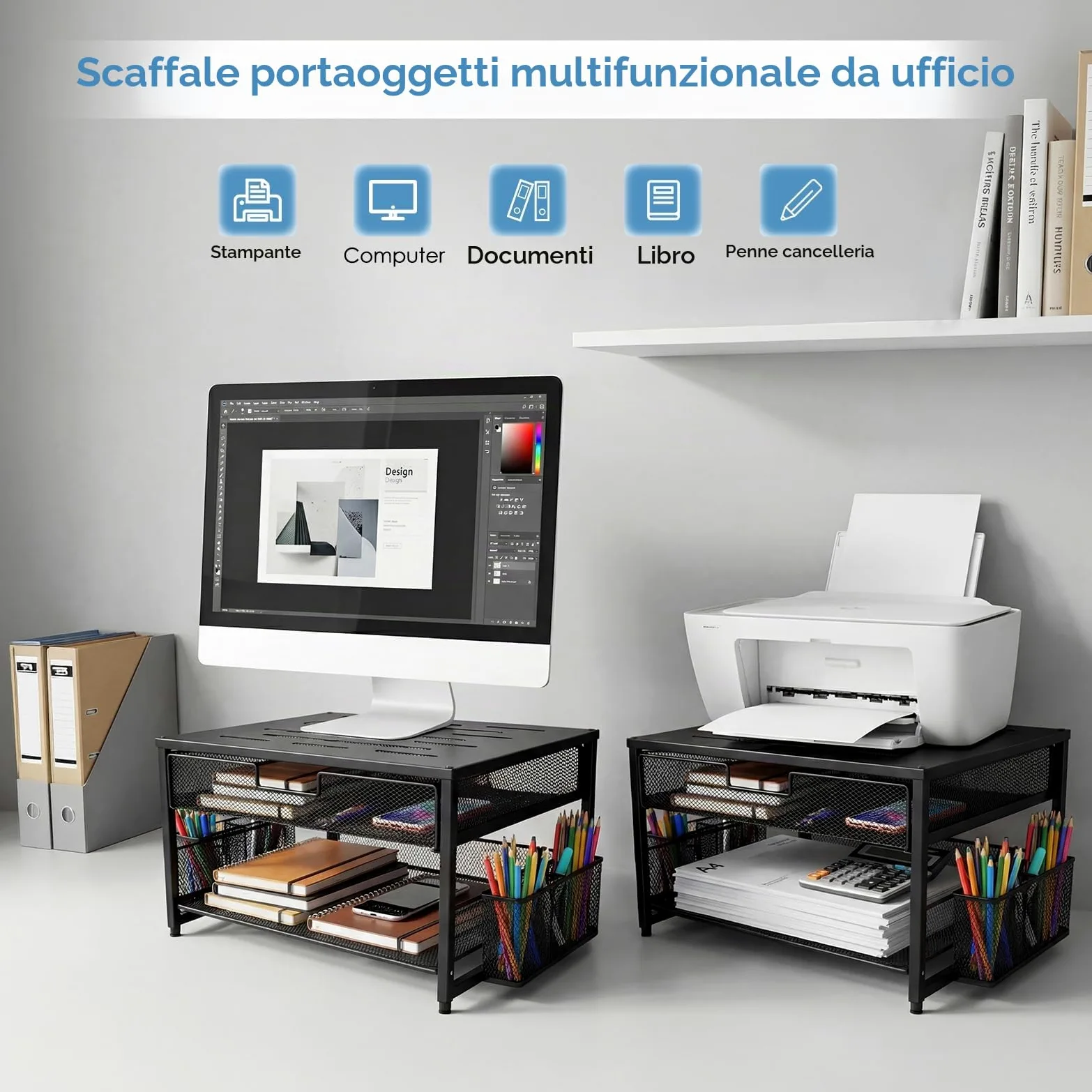 Supporto per monitor, organizer da scrivania in metallo con cassetto e 2 portapenne, rialzo ergonomico per monitor per stampante, laptop e ufficio, espositore a 2 livelli (nero)