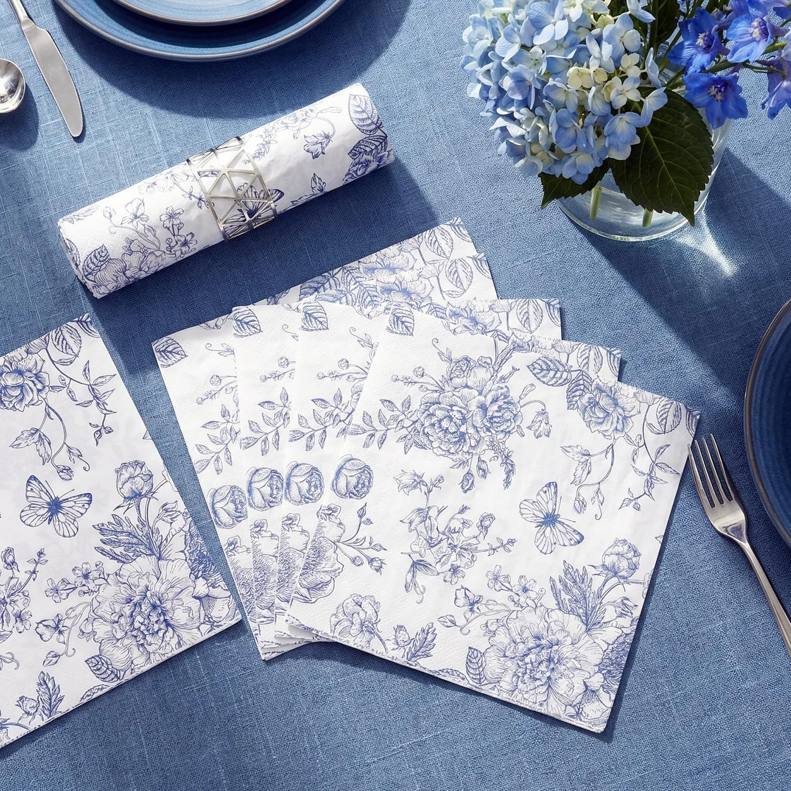 Tovaglioli da Cocktail con Fiori Blu 6,5 Pollici per Feste